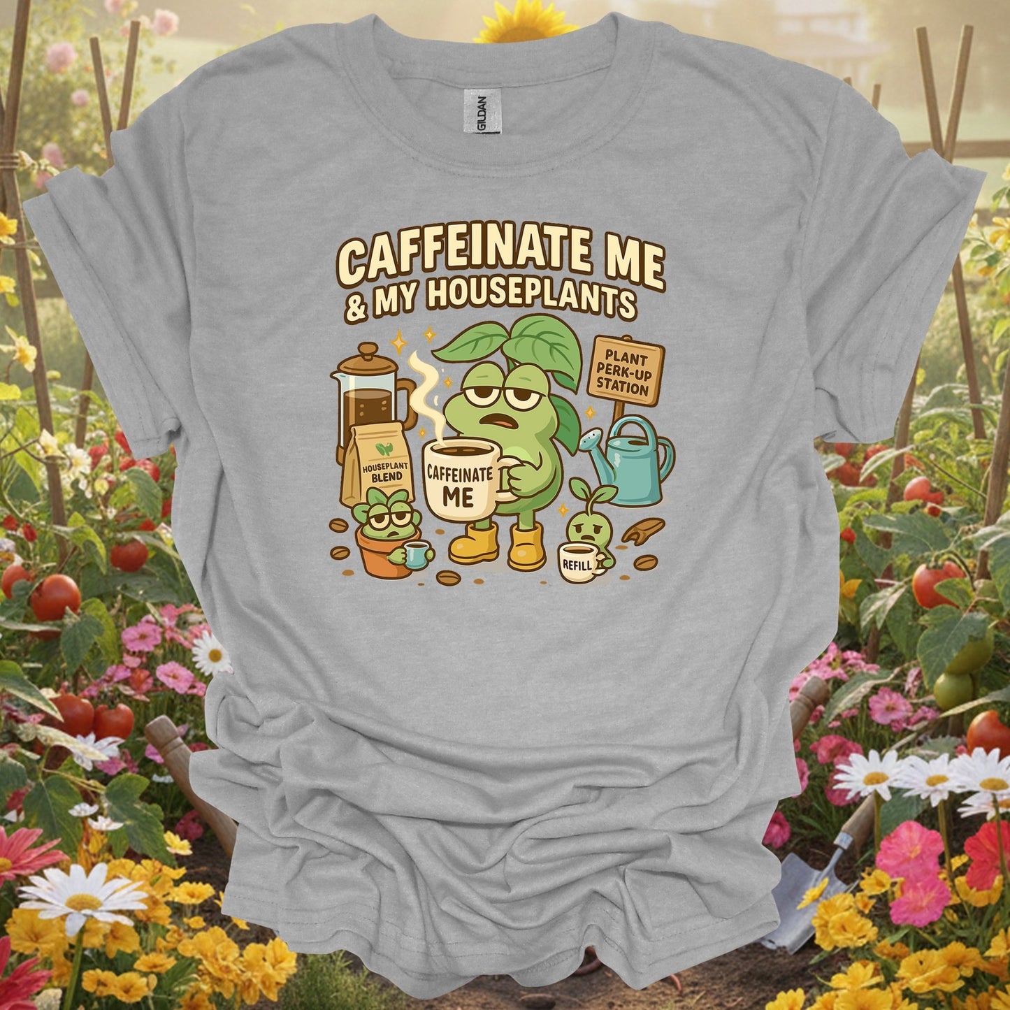 Sport grey caffeinate me & my gardening shirt for coffee lovers, houseplant parents, plant addicts, funny gardeners, and a...