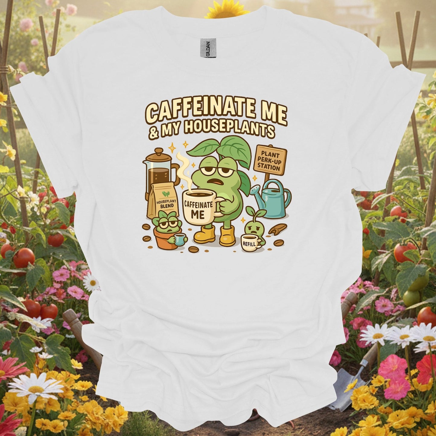 White caffeinate me & my gardening shirt for coffee lovers, houseplant parents, plant addicts, funny gardeners, and as a h...