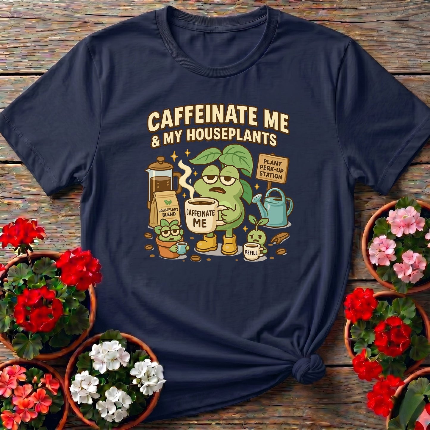 Caffeinate Me & My Houseplants Funny T-shirt - GardeningTshirts