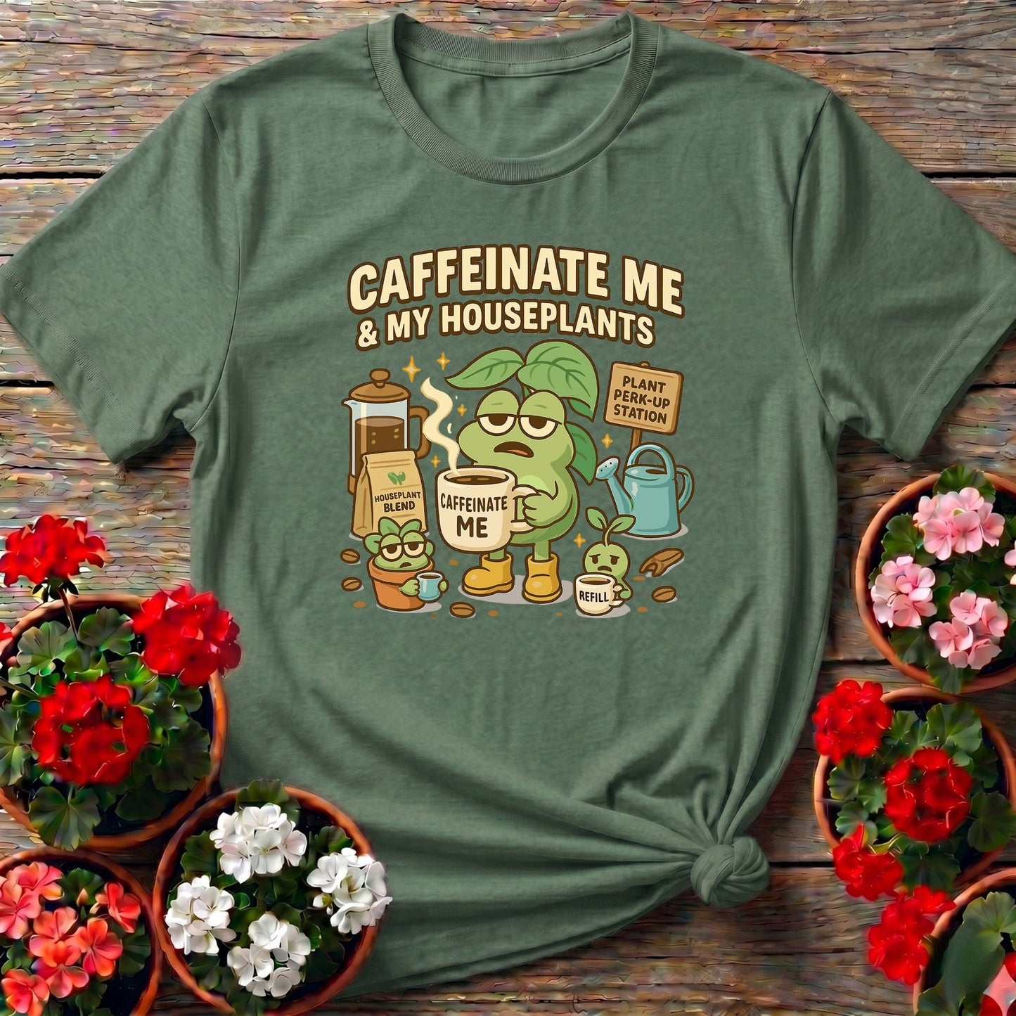 Caffeinate Me & My Houseplants Funny T-shirt - GardeningTshirts