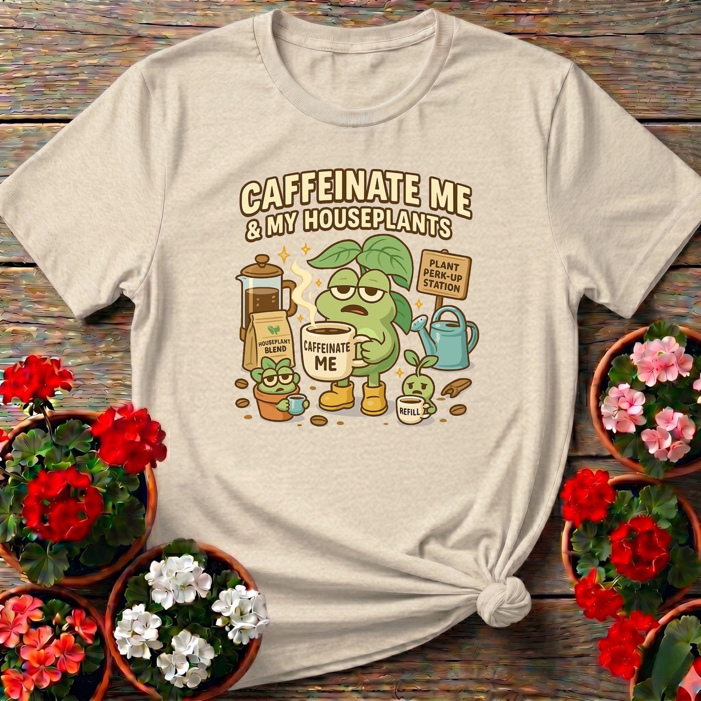 Caffeinate Me & My Houseplants Funny T-shirt - GardeningTshirts
