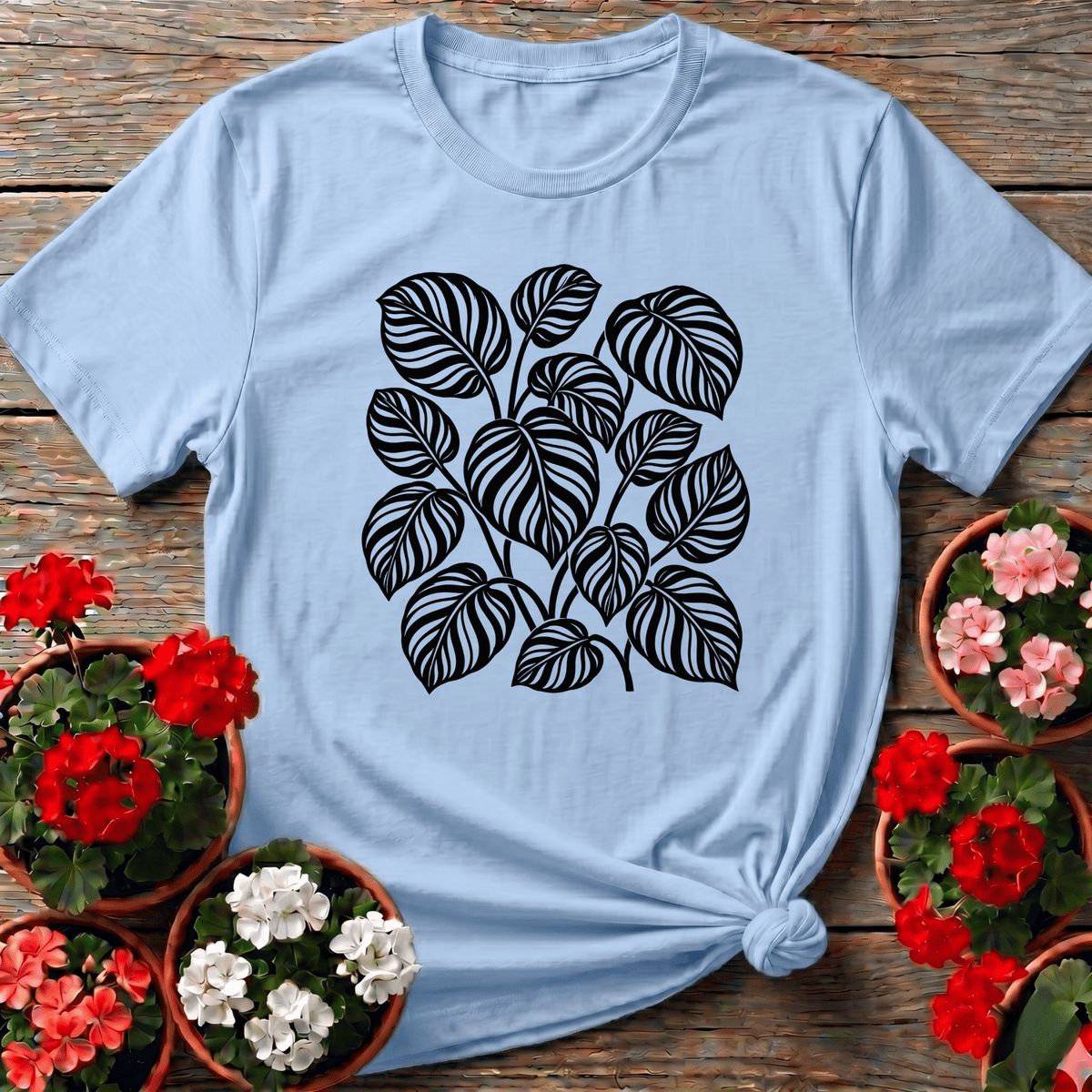 Light Blue soft minimalist calathea leaf print gardening tee for indoor plant enthusiasts