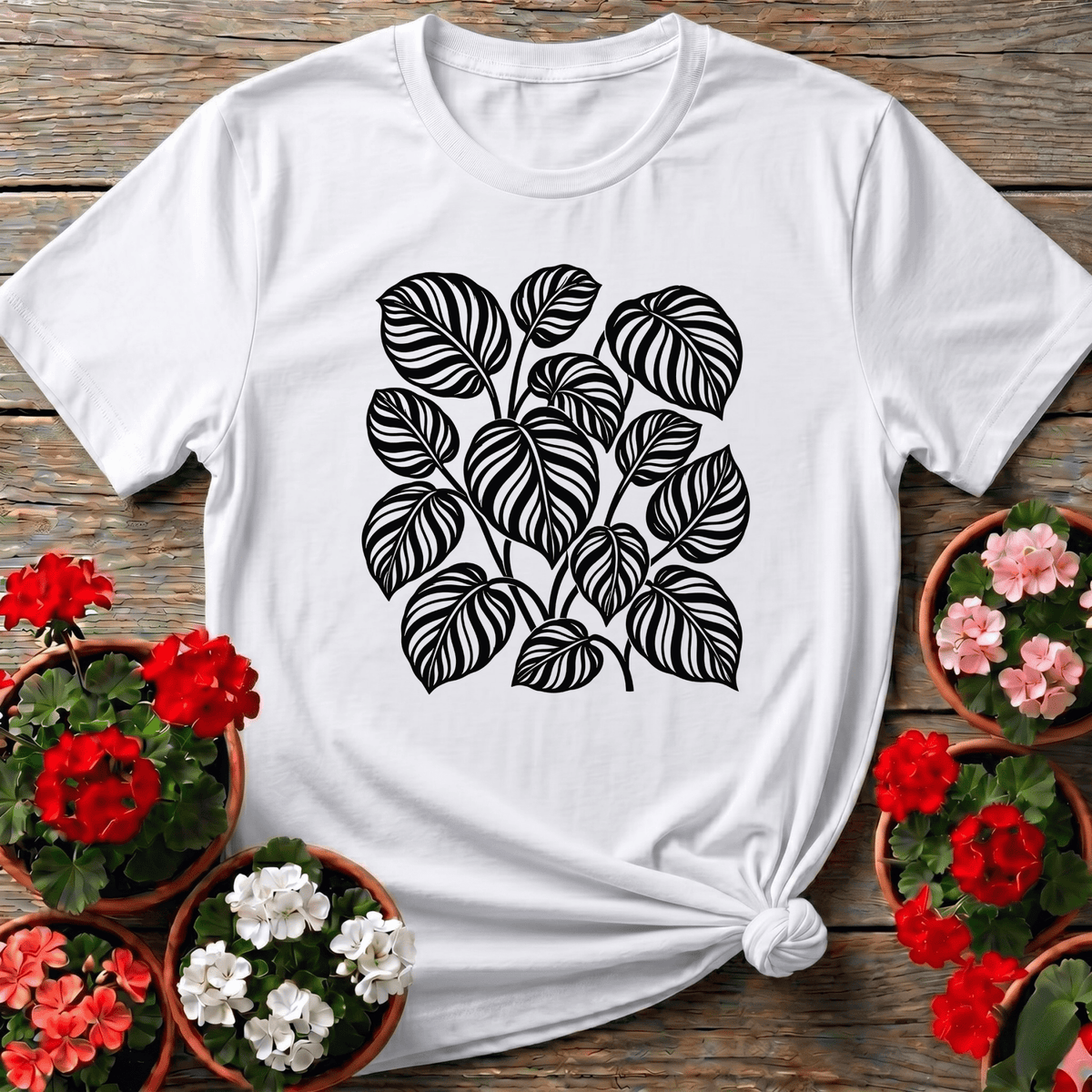 White minimalist calathea leaf print gardening shirt for houseplant lovers and plant collectors