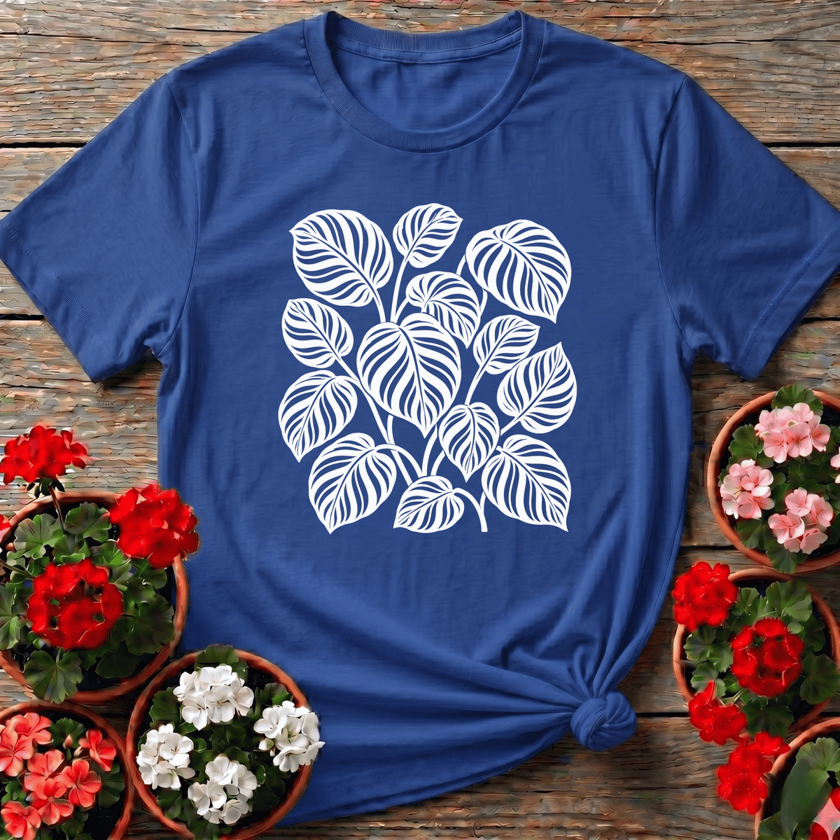 Royal bold leaf cluster calathea print gardening shirt for plant collectors still learning