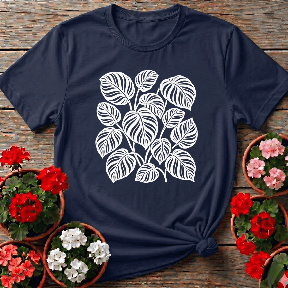 Navy clean botanical linework calathea orbifolia tee for the indoor plant enthusiast