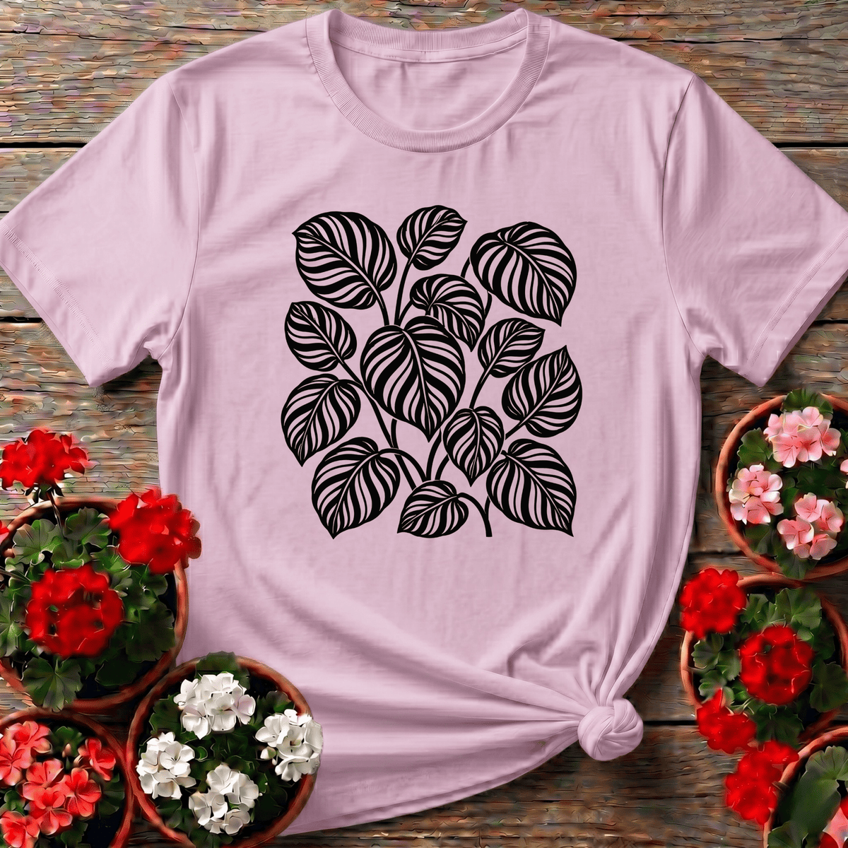 Light Pink gentle botanical calathea orbifolia print top for the houseplant gift lover