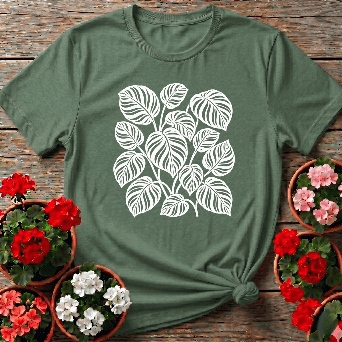 Military Green nature-inspired calathea orbifolia leaf print shirt for the plant collector