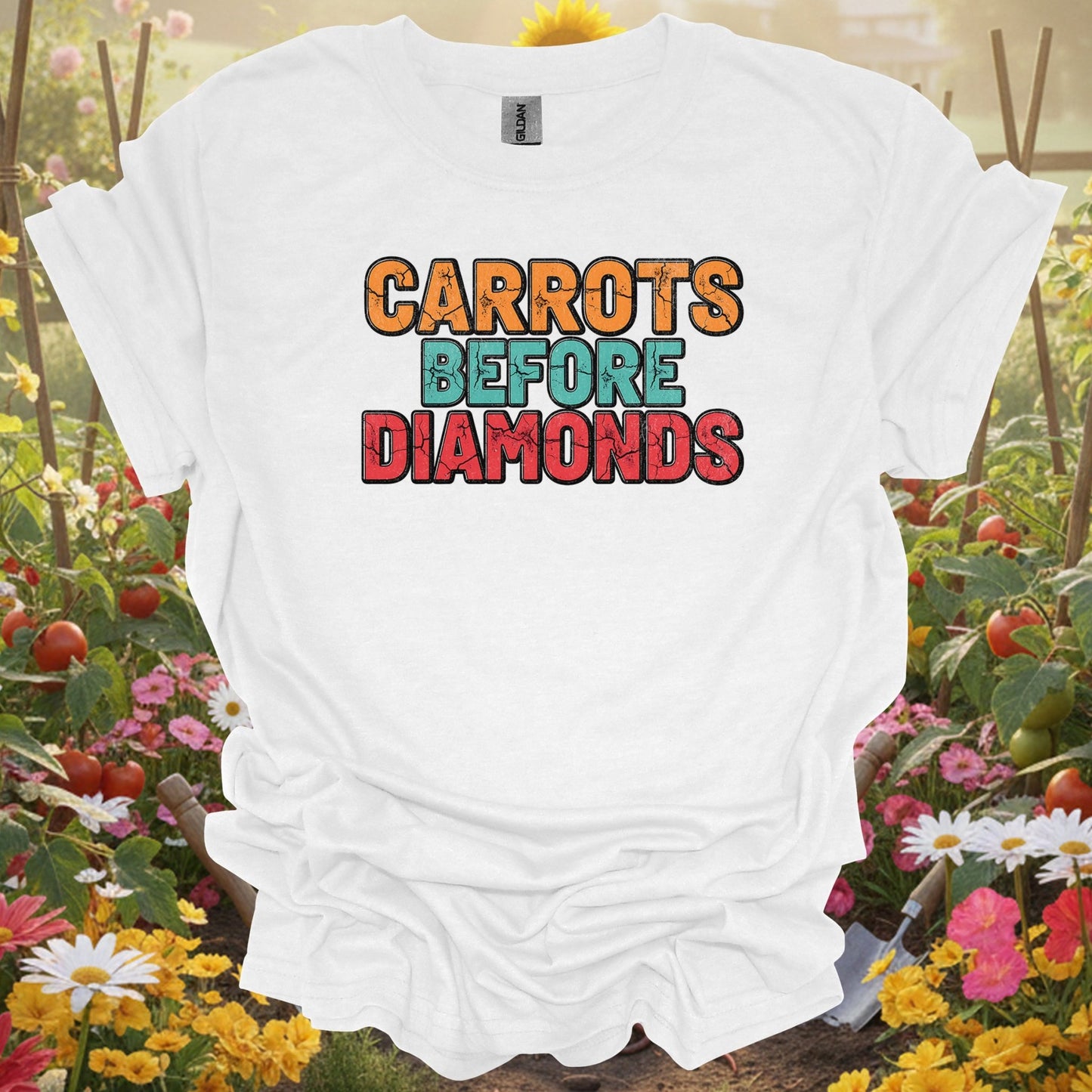 "Carrots Before Diamonds" Distressed Vegetable Lover Slogan Tee - GardeningTshirts