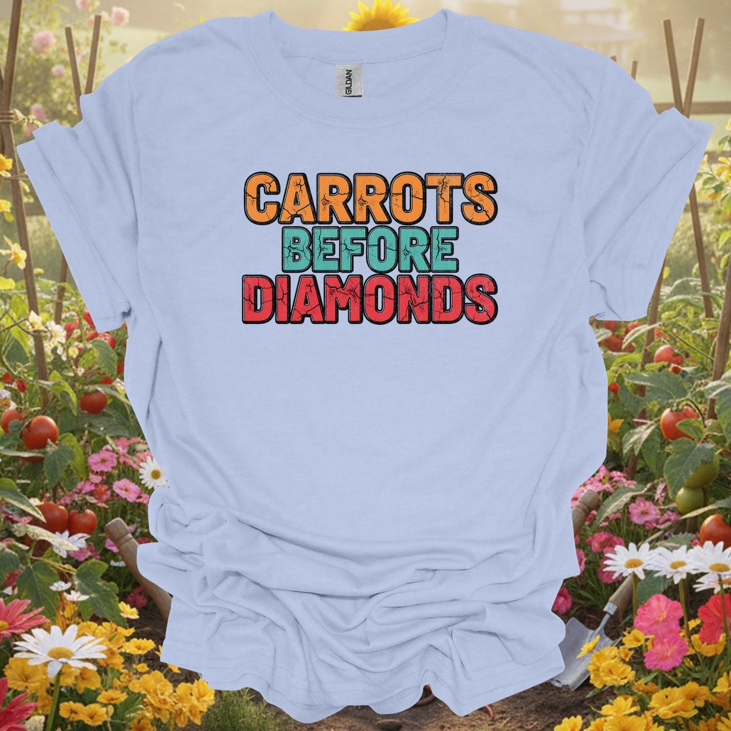 "Carrots Before Diamonds" Distressed Vegetable Lover Slogan Tee - GardeningTshirts