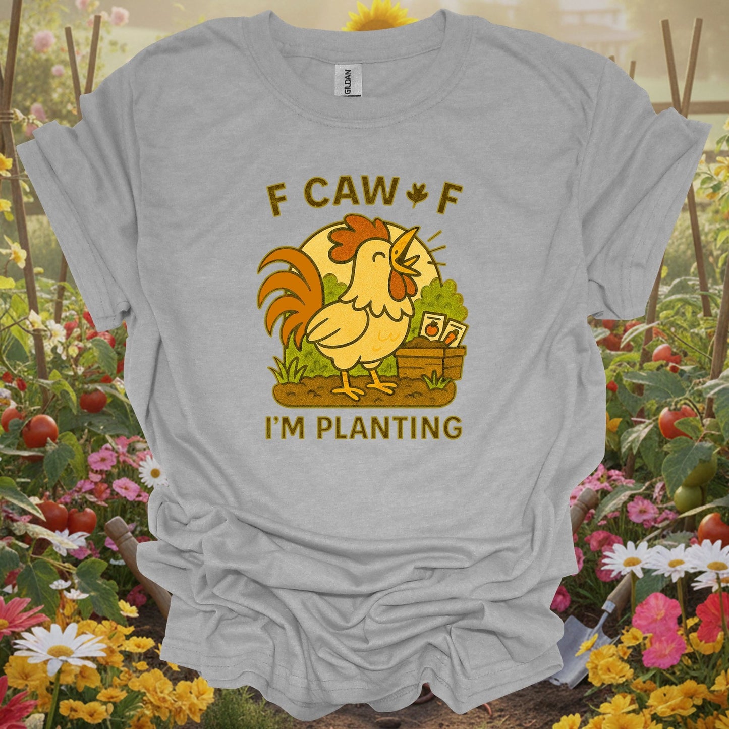 Sport Grey tshirt showing caw caw i'm planting funny rooster for backyard growers