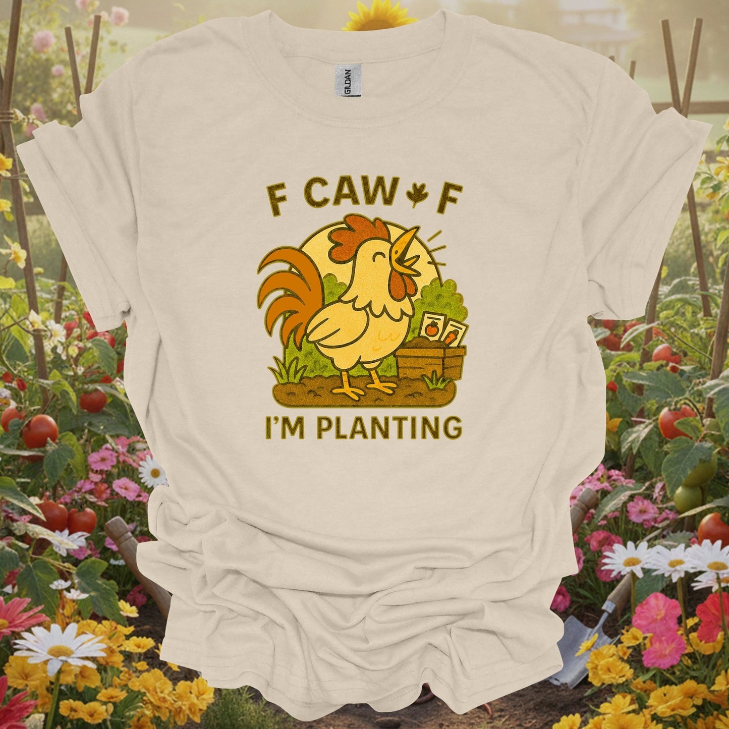 Natural tshirt showing caw caw i'm planting funny rooster for people who love plants