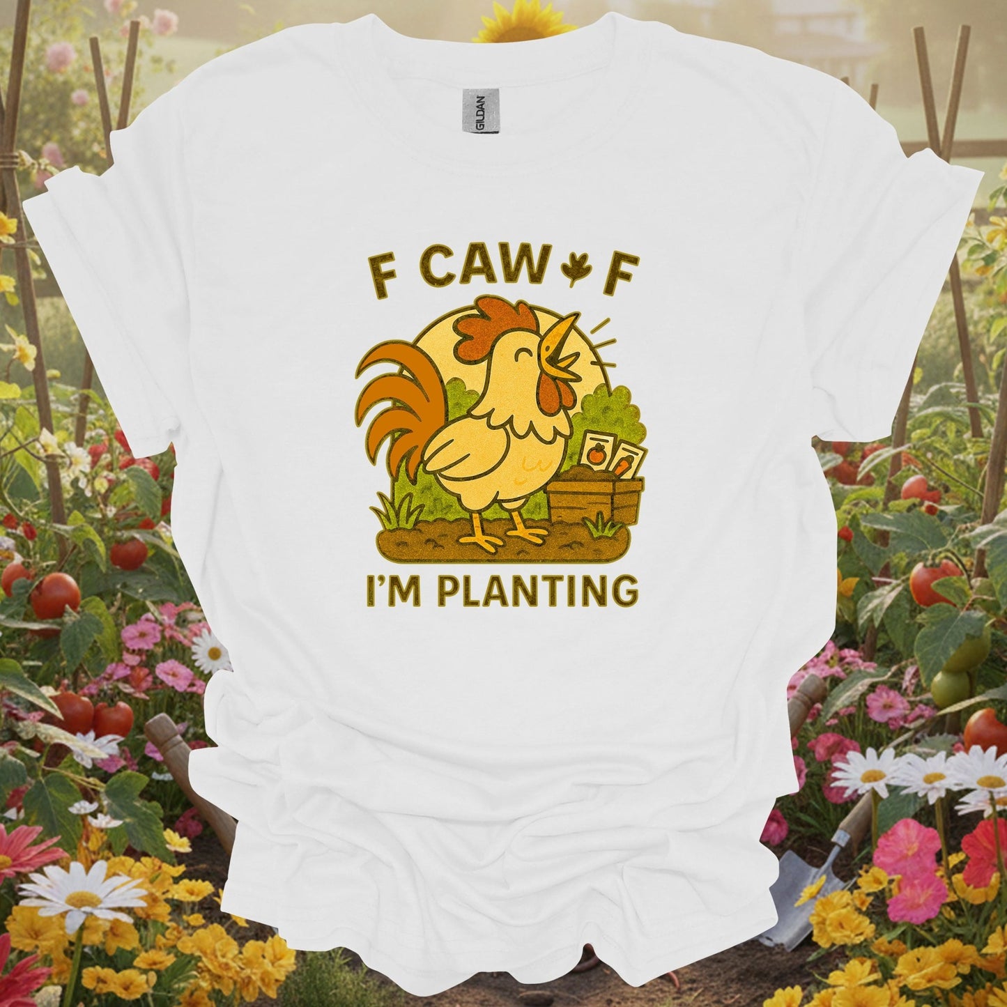 White tee showing caw caw i'm planting funny rooster for garden hobbyists