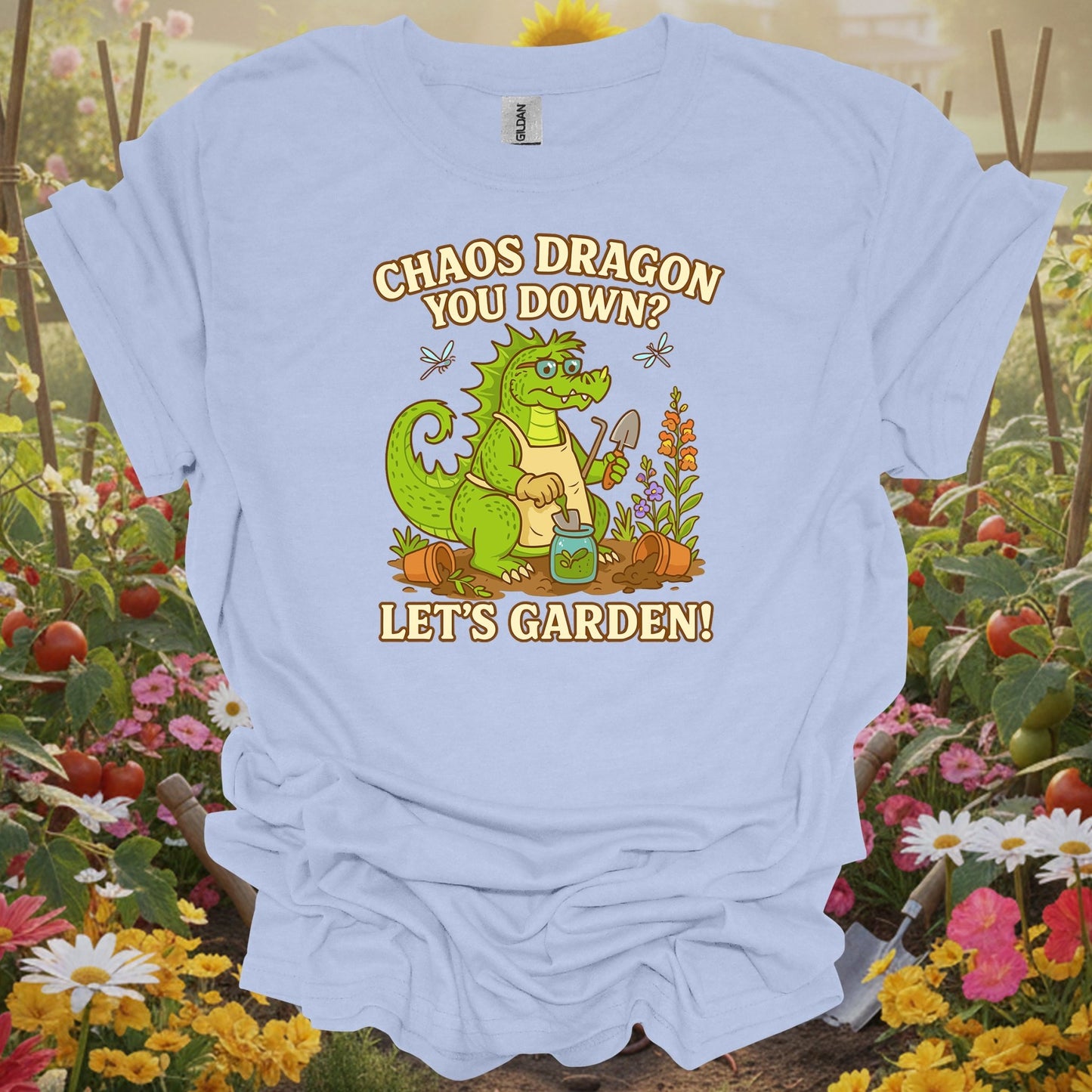 Light Blue shirt showing chaos dragon you down lets garden dragon for home gardeners