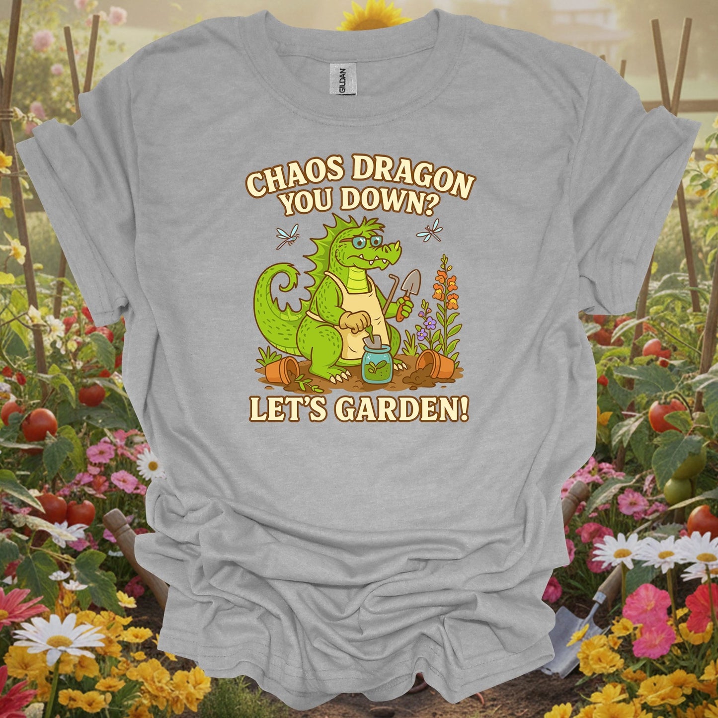 Sport Grey tee showing chaos dragon you down lets garden dragon for garden hobbyists