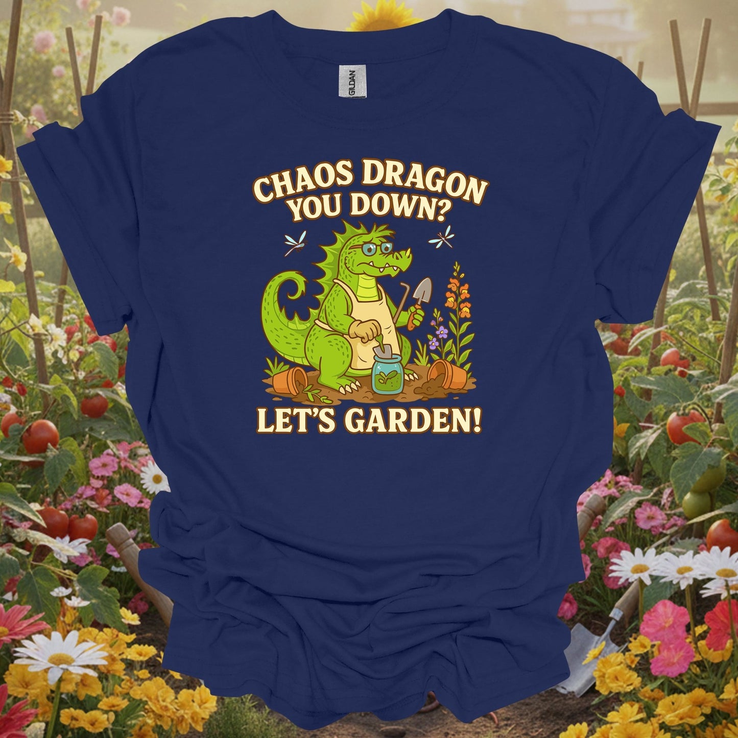 Navy top showing chaos dragon you down lets garden dragon for green thumb folks