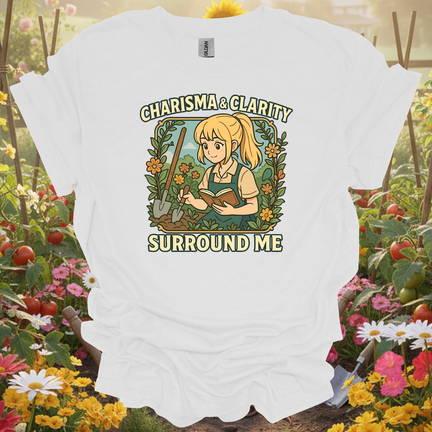 White tee showing charisma & clarity surround me anime for garden hobbyists
