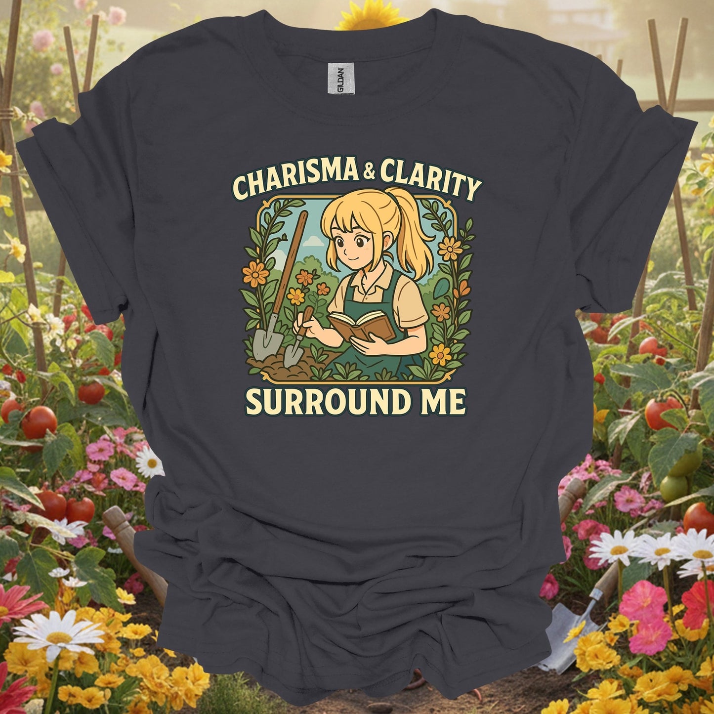 Charcoal tshirt showing charisma & clarity surround me anime for gardening enthusiasts