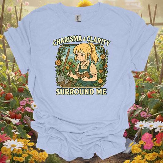Light Blue tee showing charisma & clarity surround me anime for plant lovers