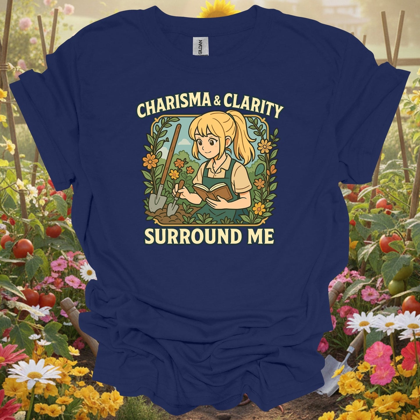 Navy shirt showing charisma & clarity surround me anime for home gardeners
