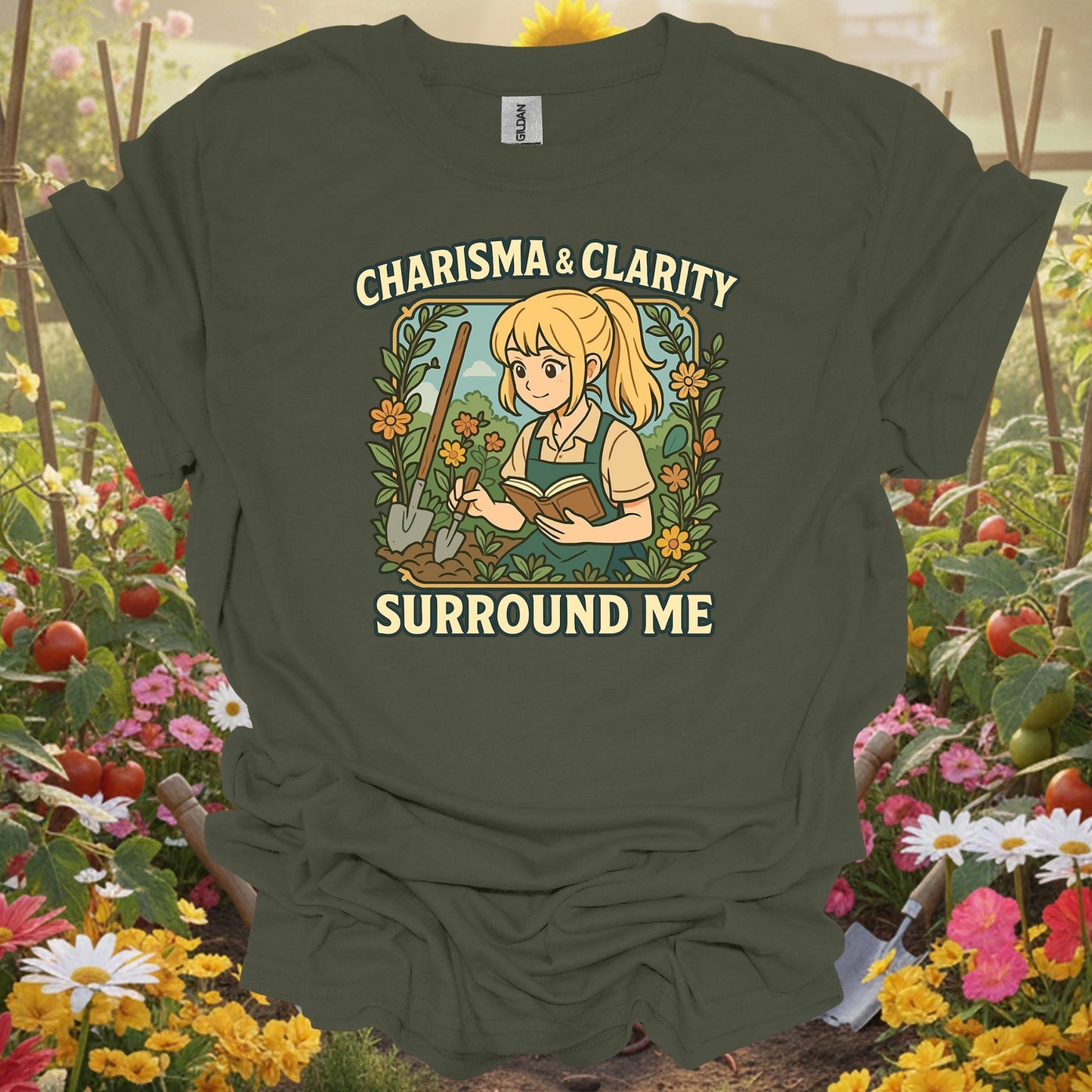 Military Green top showing charisma & clarity surround me anime for nature lovers