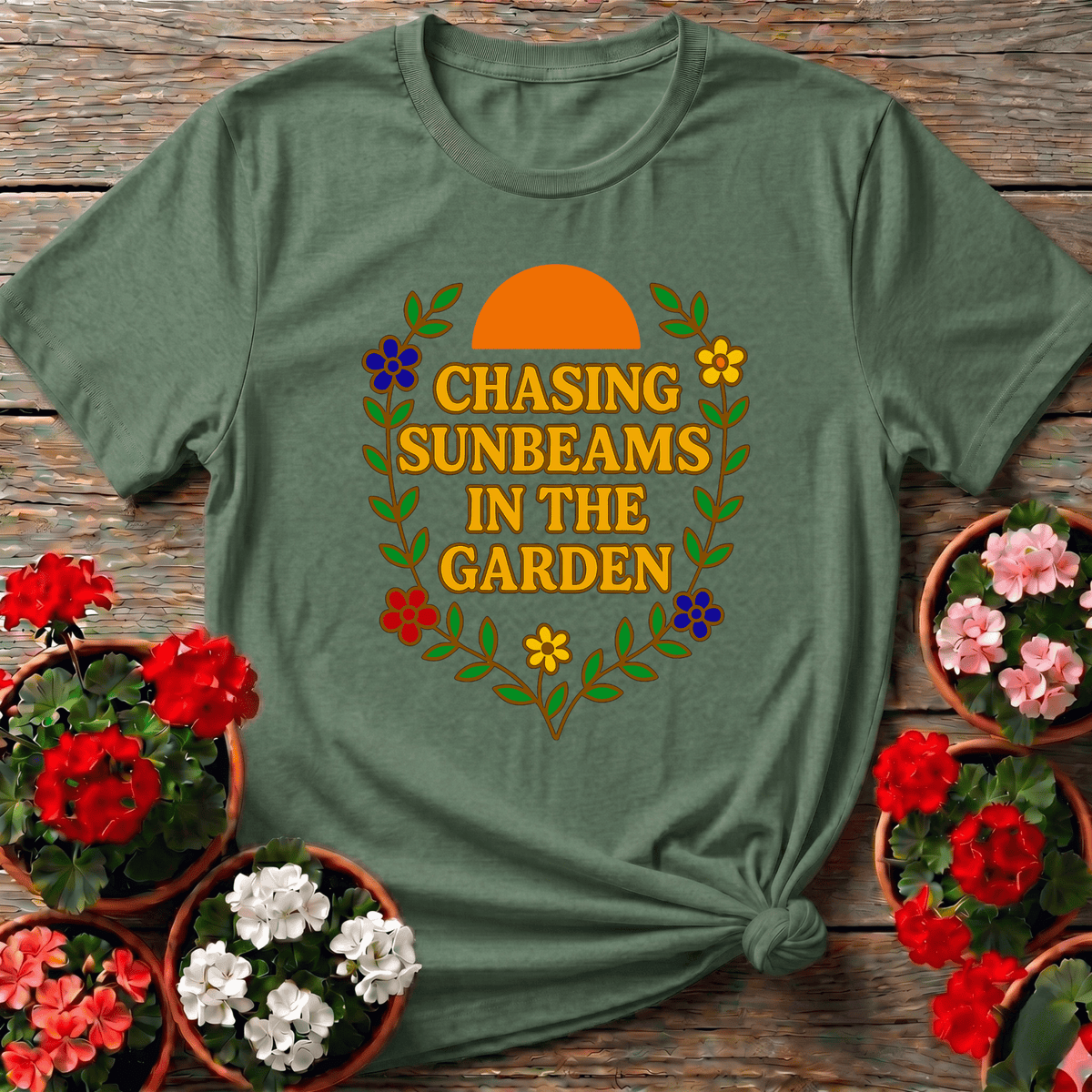 Military Green retro folk sun garden tee "Chasing Sunbeams in the Garden" for the light-chasing outdoor gardener