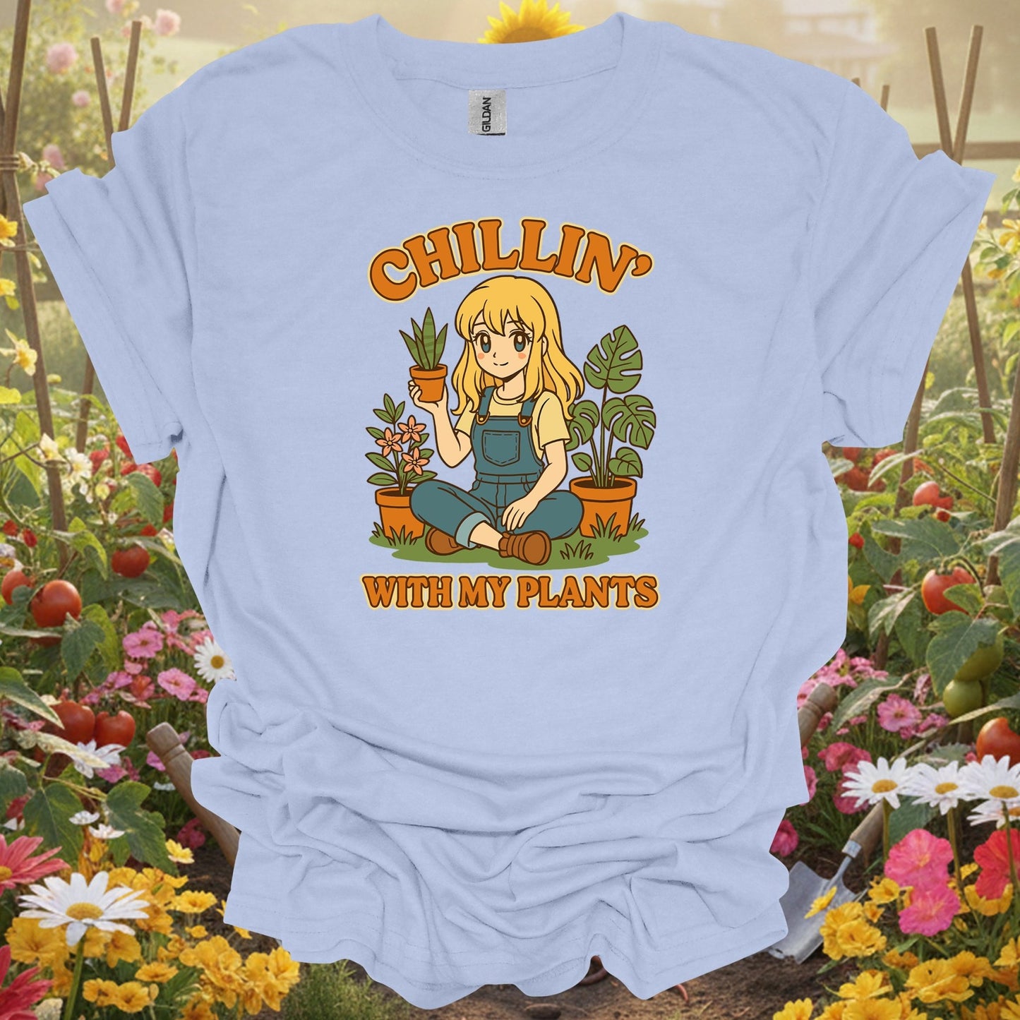 Light Blue tee showing chillin with my plants anime lover t shirt for plant lovers