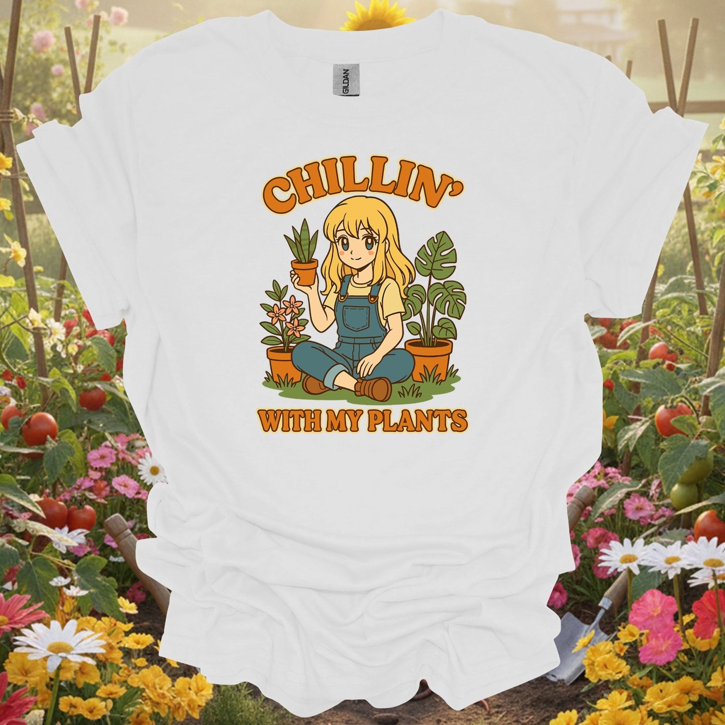 White tee showing chillin with my plants anime lover t shirt for garden hobbyists