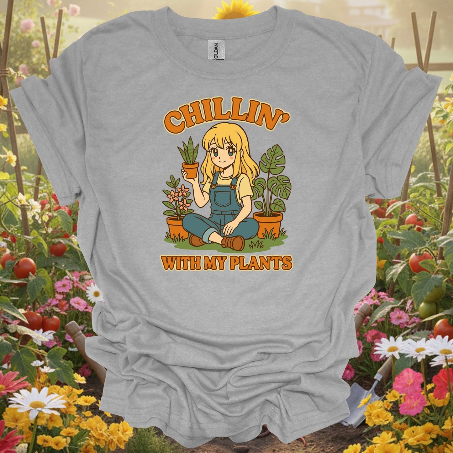 Sport Grey tshirt showing chillin with my plants anime lover t shirt for backyard growers