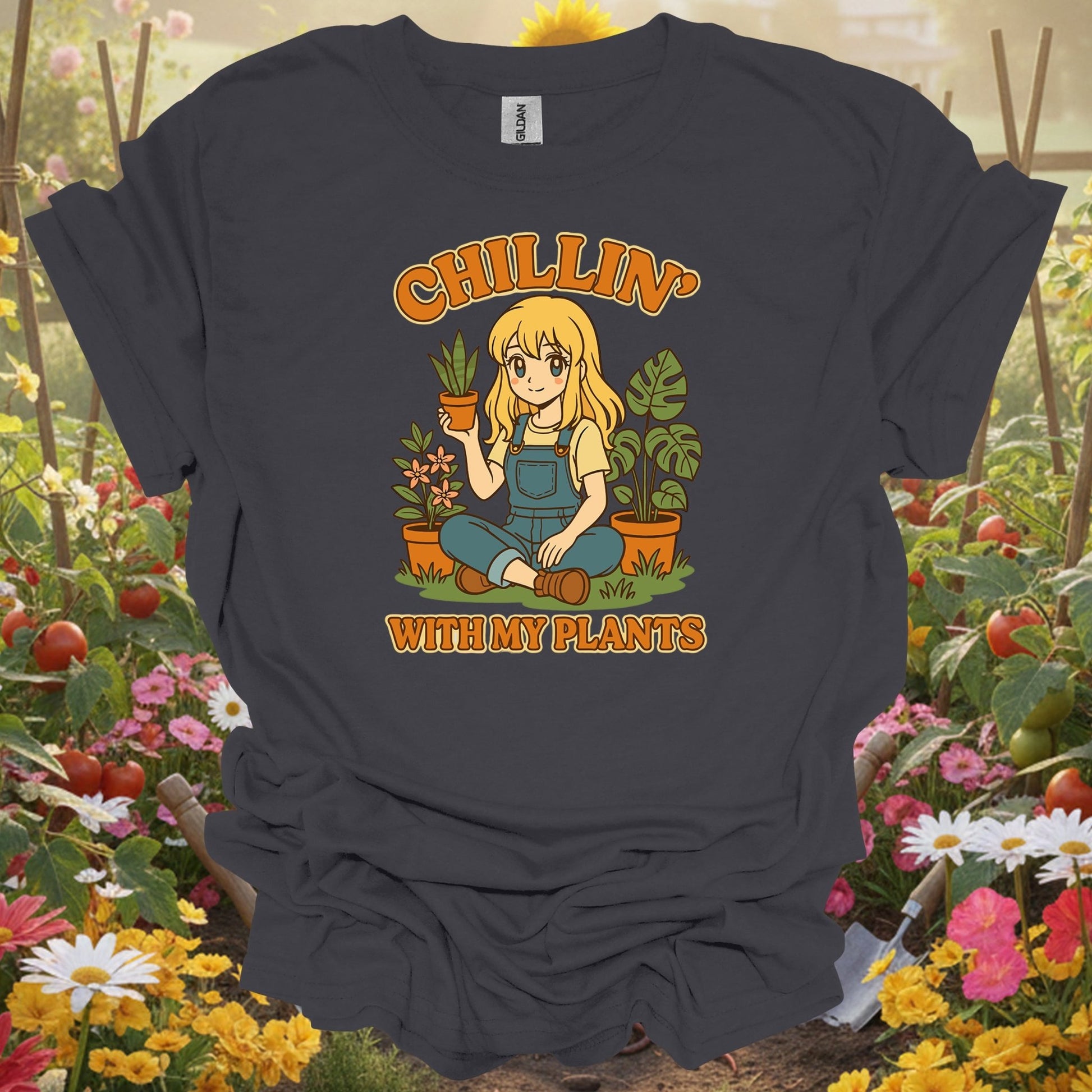 Charcoal tshirt showing chillin with my plants anime lover t shirt for gardening enthusiasts