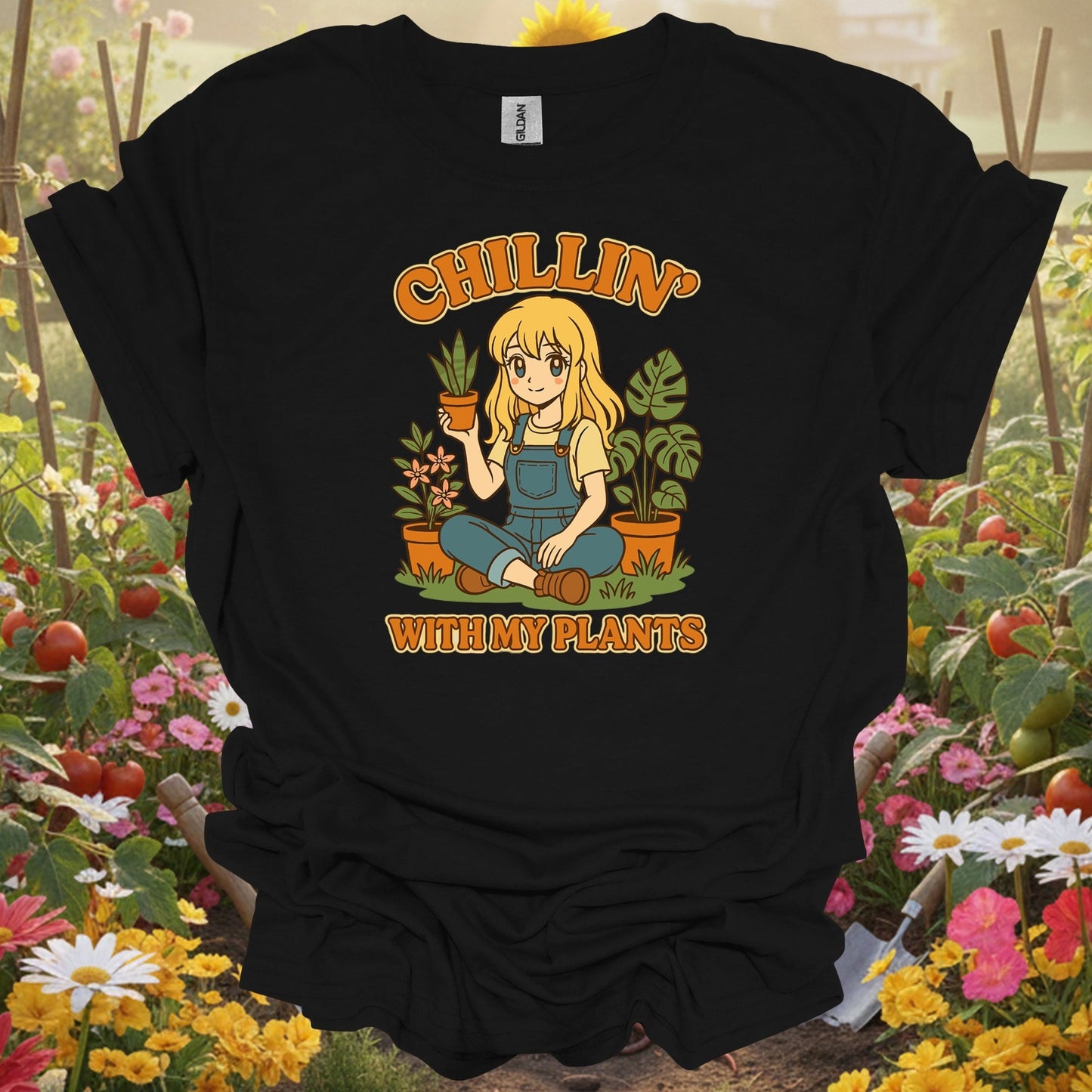 Black shirt showing chillin with my plants anime lover t shirt for outdoor enthusiasts