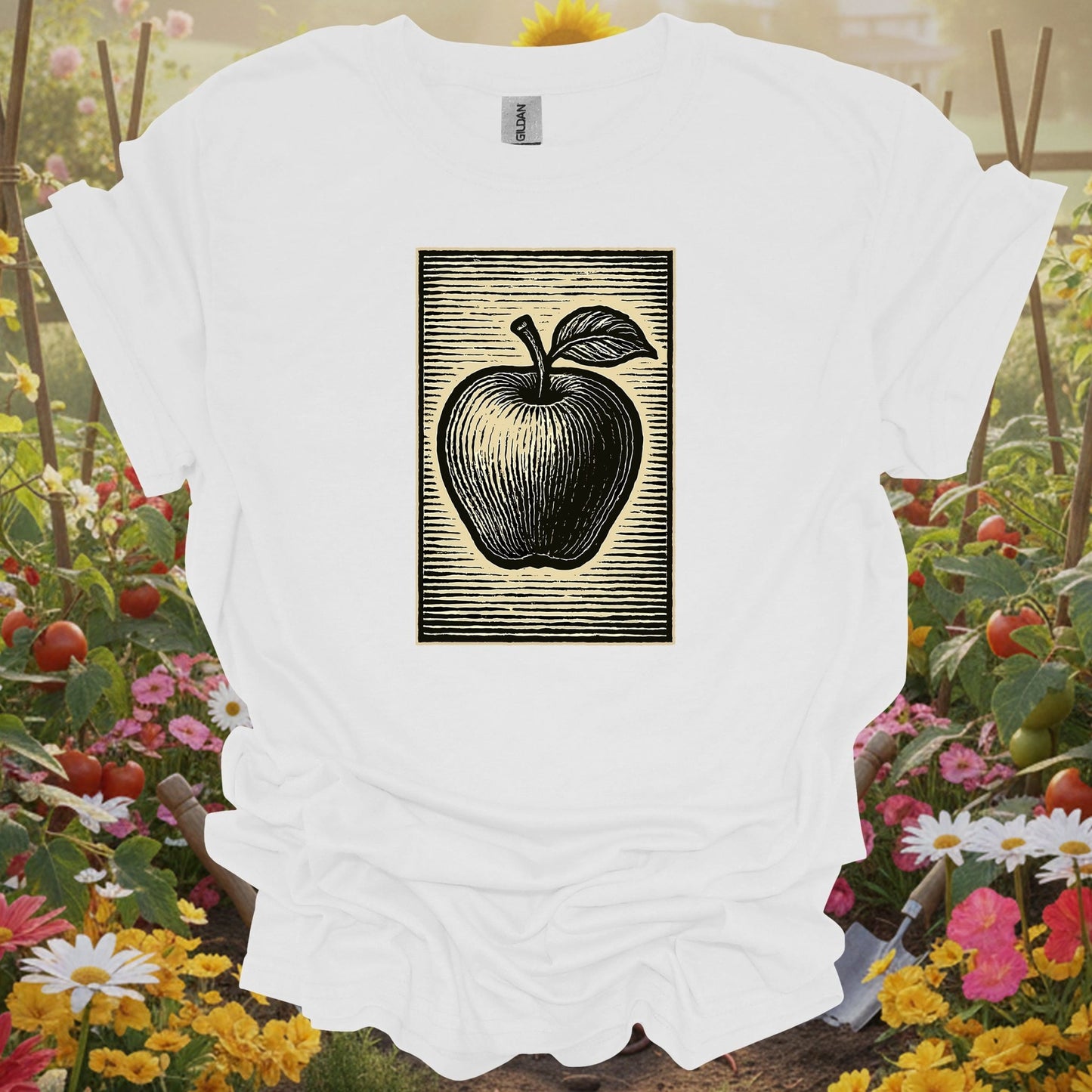 White tee showing classic linocut apple illustration garden for garden hobbyists