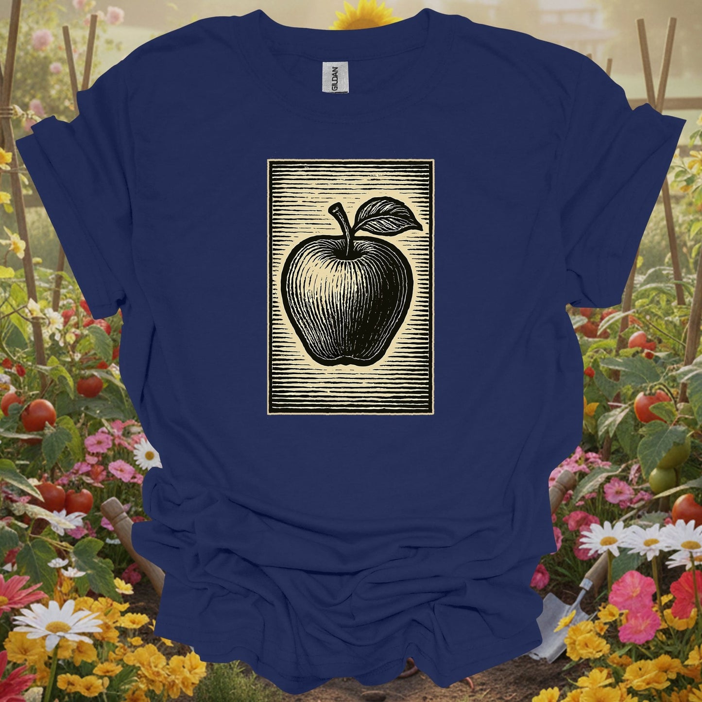 Navy top showing classic linocut apple illustration garden for green thumb folks