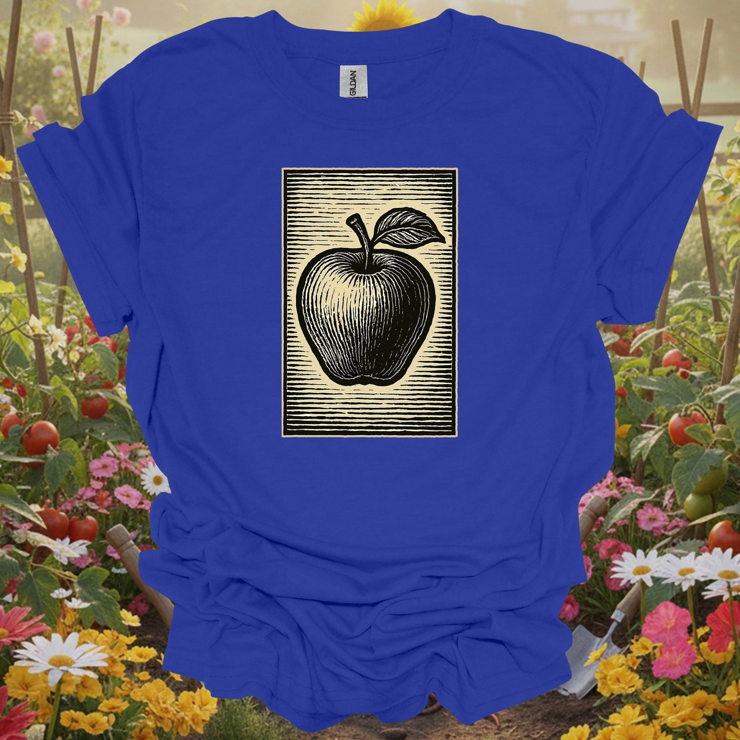 Royal tshirt showing classic linocut apple illustration garden for backyard growers