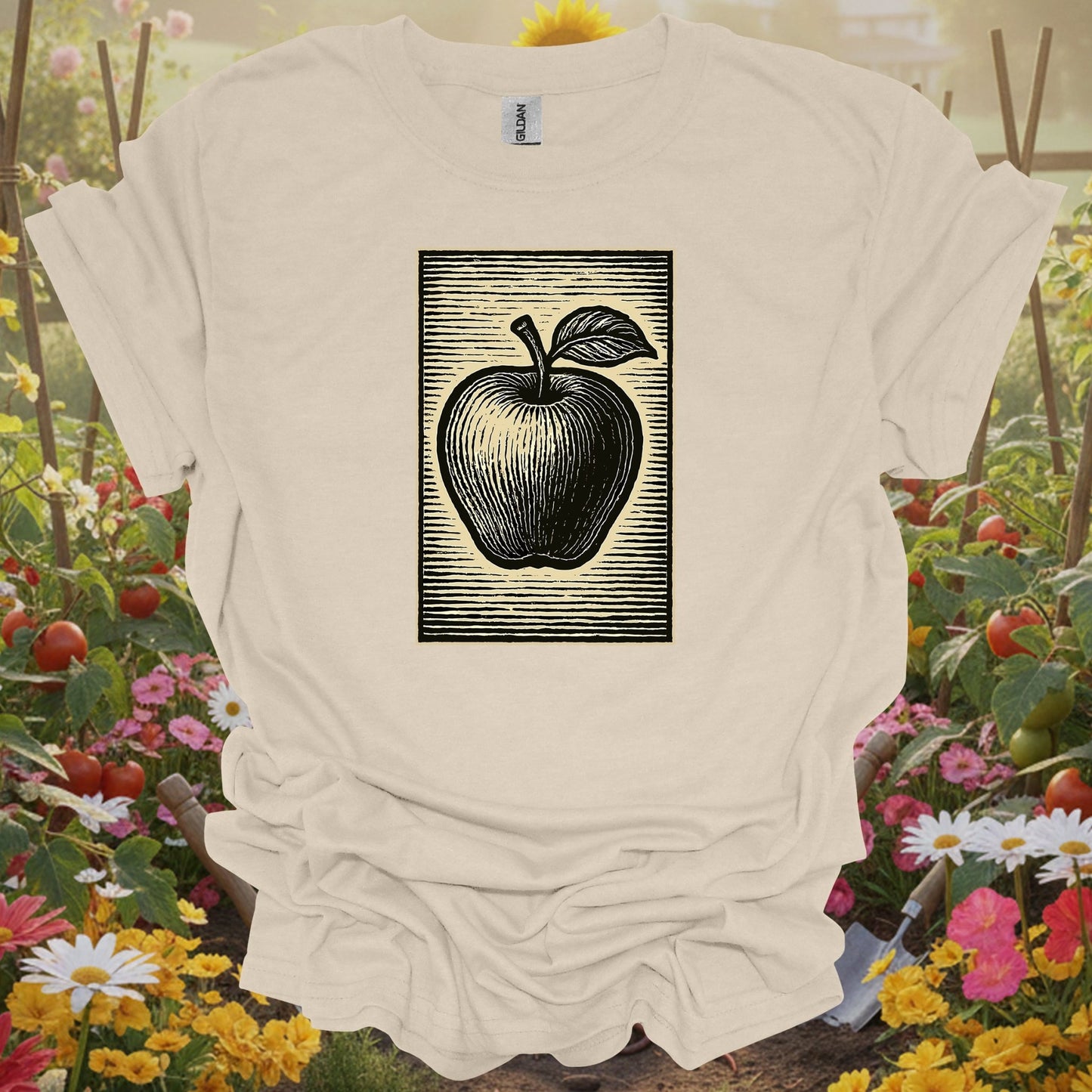 Natural tshirt showing classic linocut apple illustration garden for people who love plants