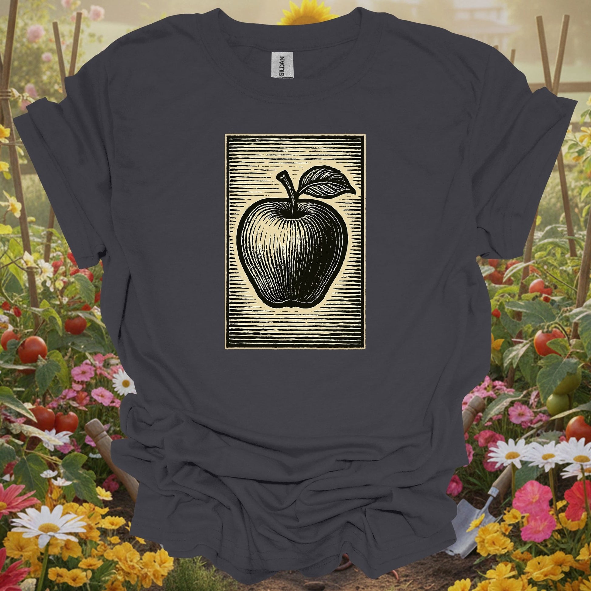 Charcoal tee showing classic linocut apple illustration garden for plant lovers