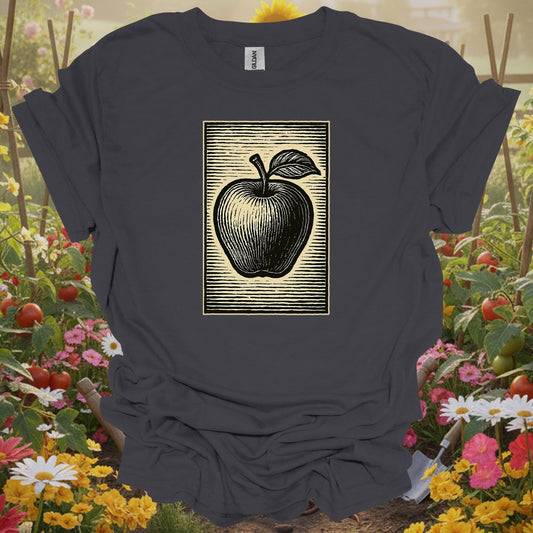 Charcoal tee showing classic linocut apple illustration garden for plant lovers