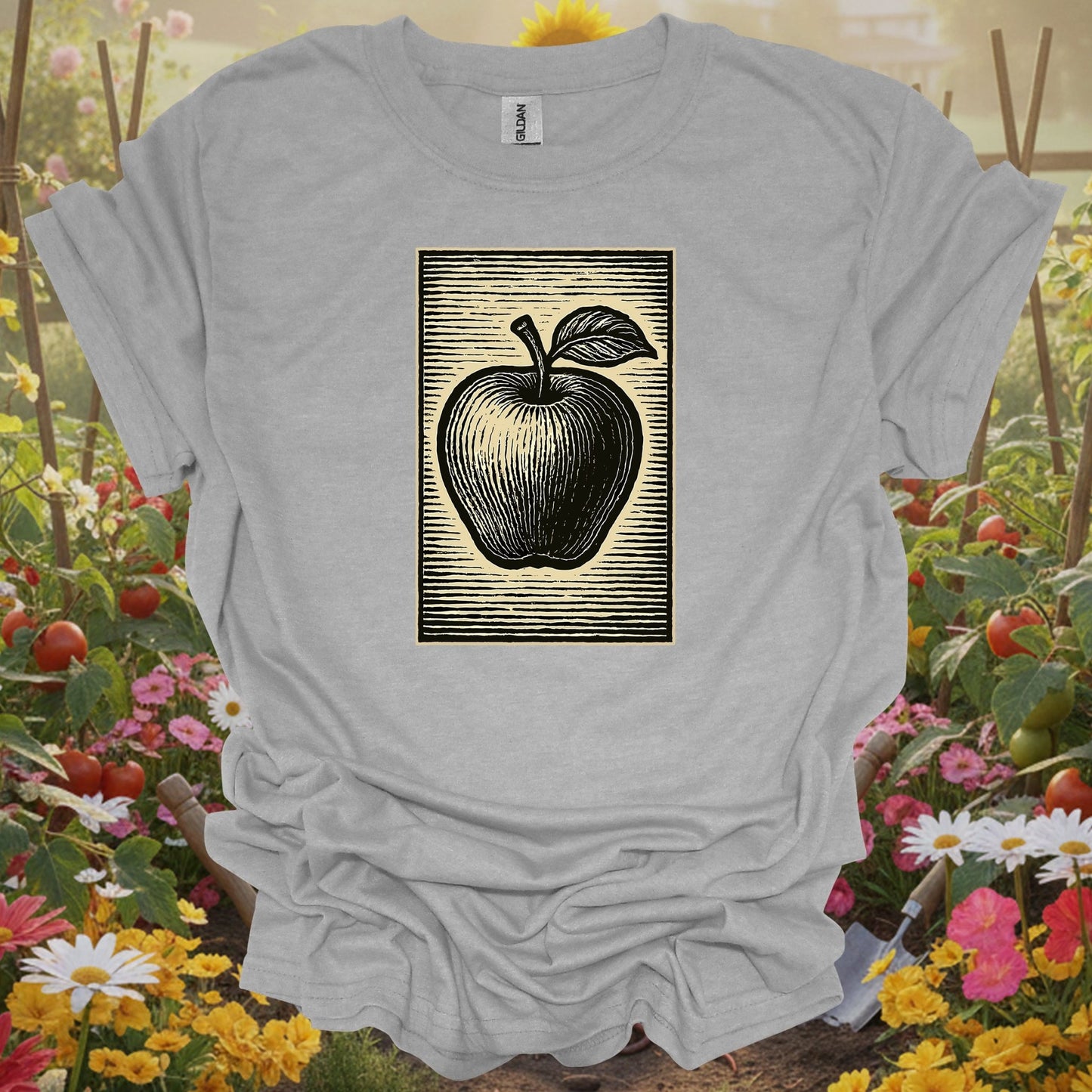Sport gray tshirt showing classic linocut apple illustration garden for gardening enthusiasts