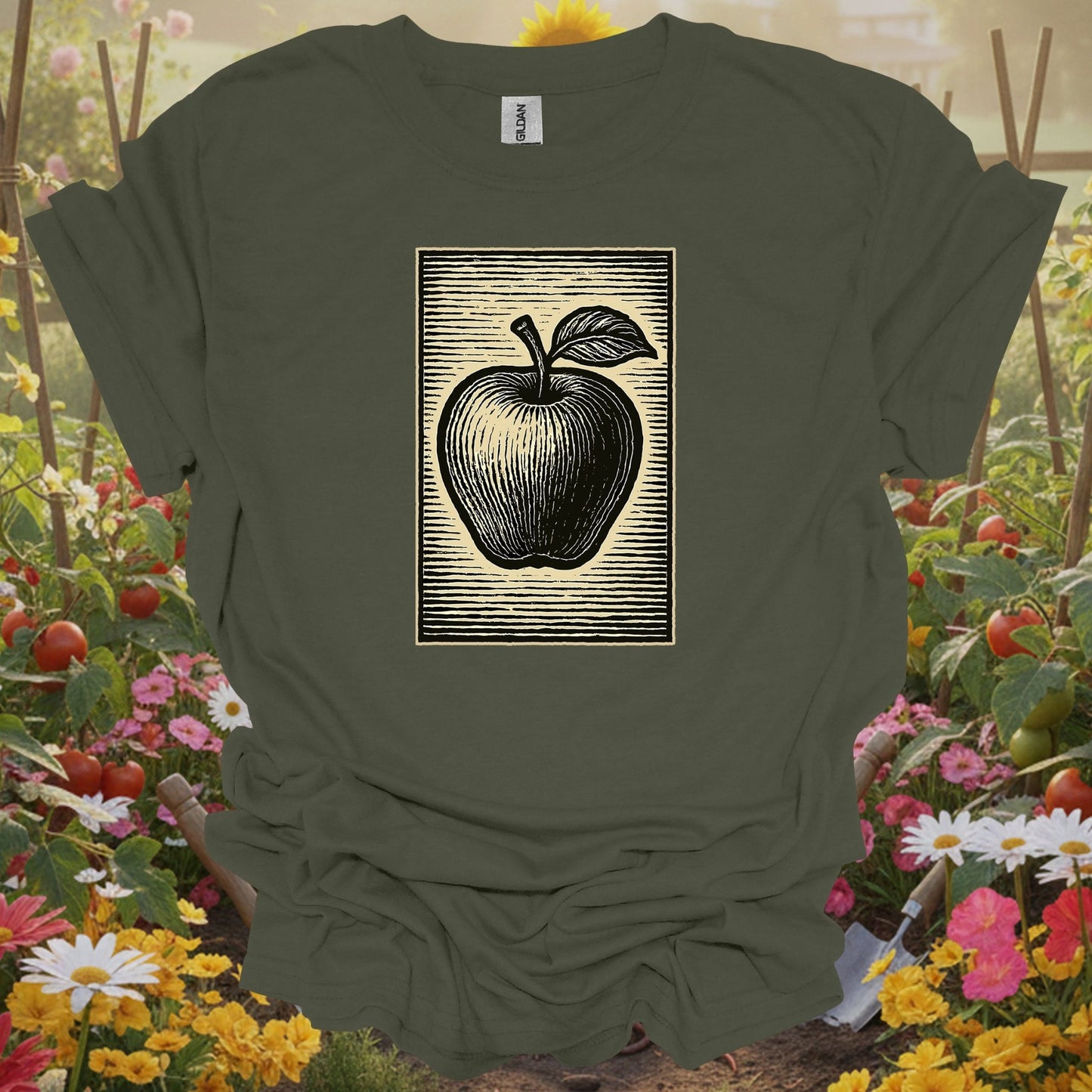 Military Green top showing classic linocut apple illustration garden for nature lovers