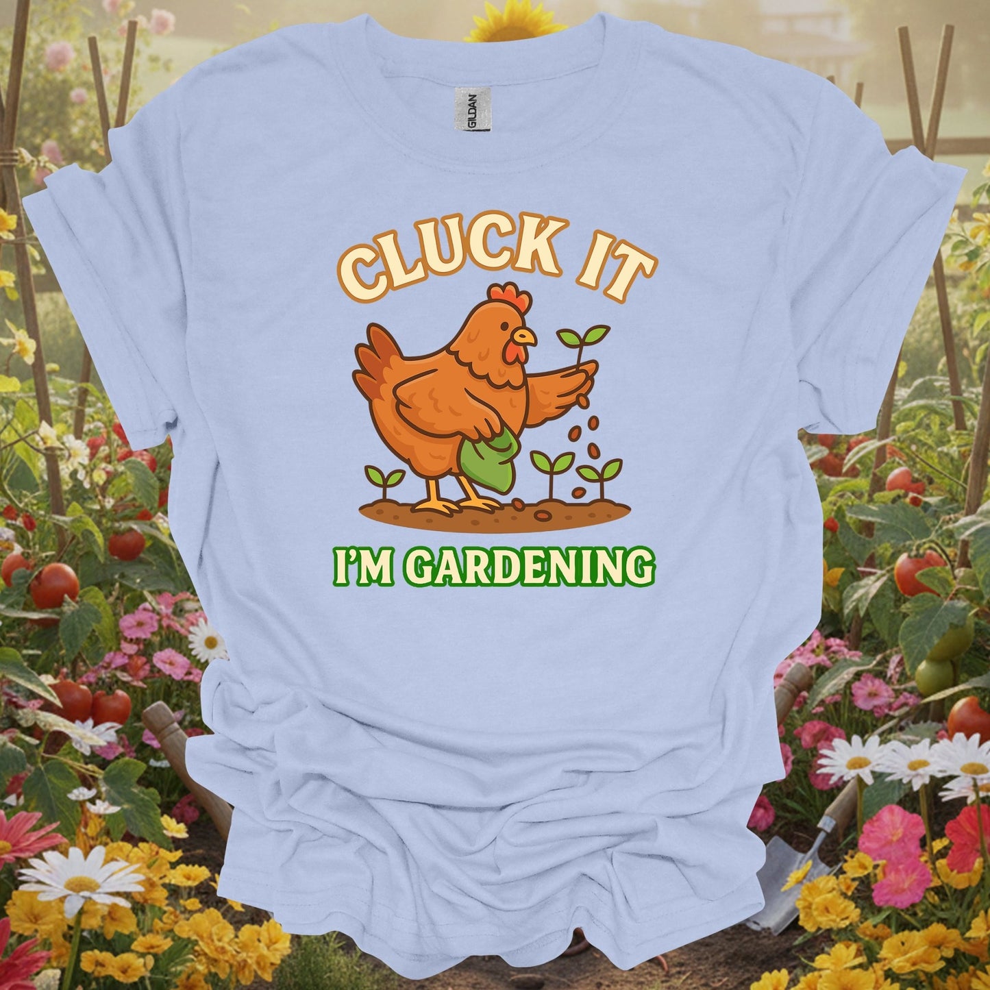 Light Blue shirt with a farmstead humor theme making a perfect gift T-shirt for any dedicated chicken lover or grower.