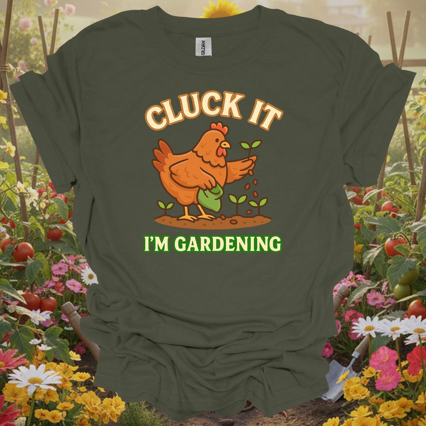 Military Green gardening tee with a retro-inspired storybook look that serves as a functional piece of art for growers.