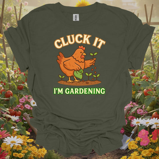 Military Green gardening tee with a retro-inspired storybook look that serves as a functional piece of art for growers.