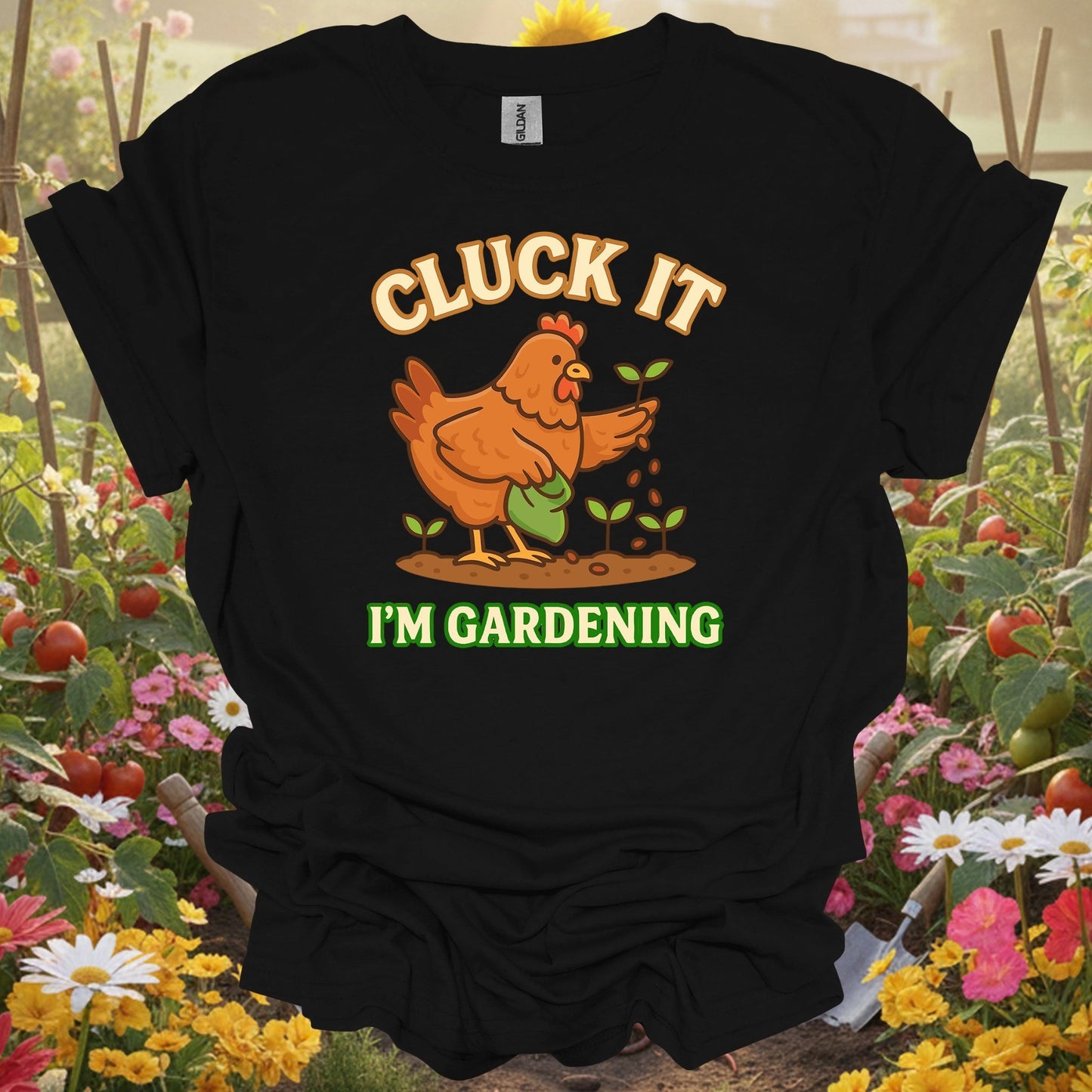 Black t-shirt with a vibrant chicken and sprout theme that fits a modern slow-living garden lifestyle and aesthetic.