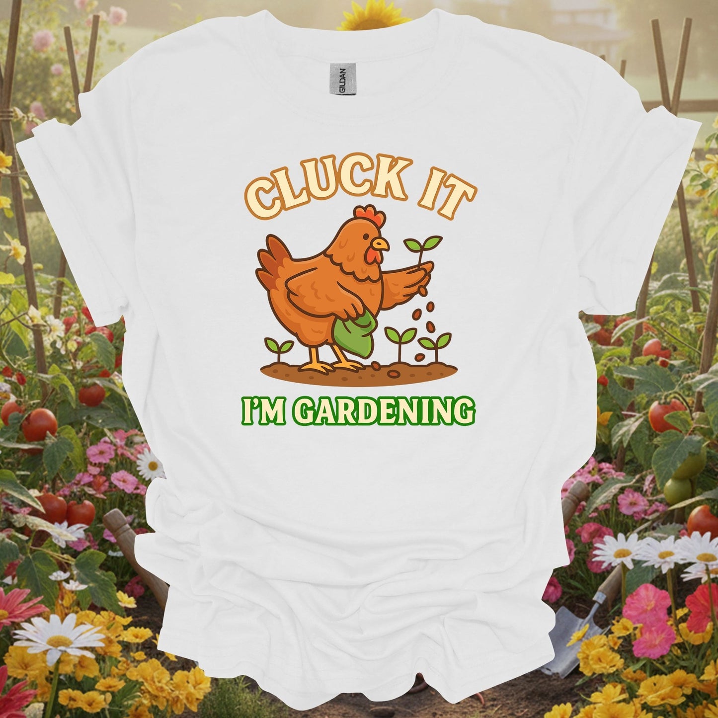 White shirt featuring a nostalgic cluck it design on a classic T-shirt for anyone who finds joy in their garden beds.