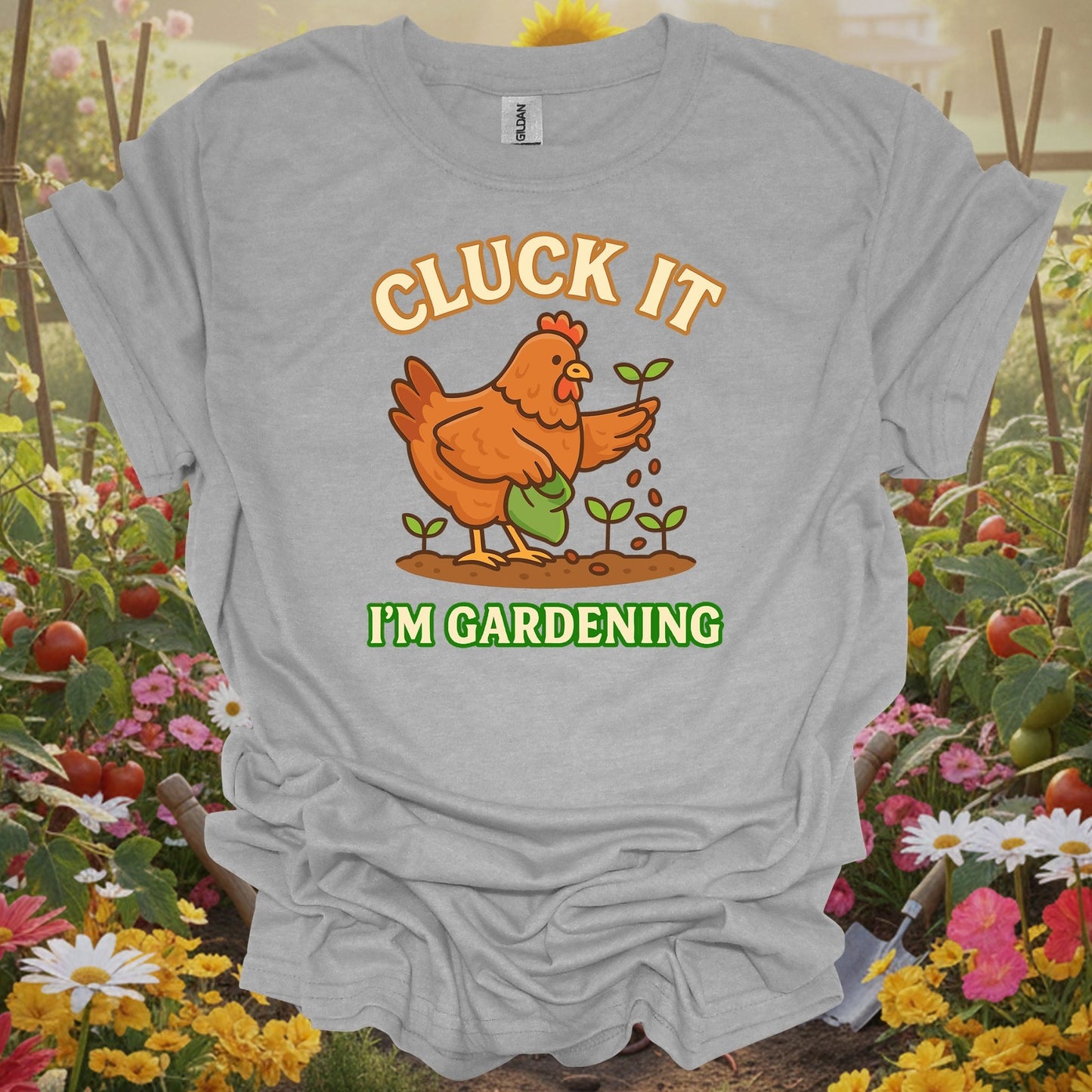 Sport Gray T-shirt with a detailed botanical illustration of a chicken sowing seeds perfect for happy plant parents.