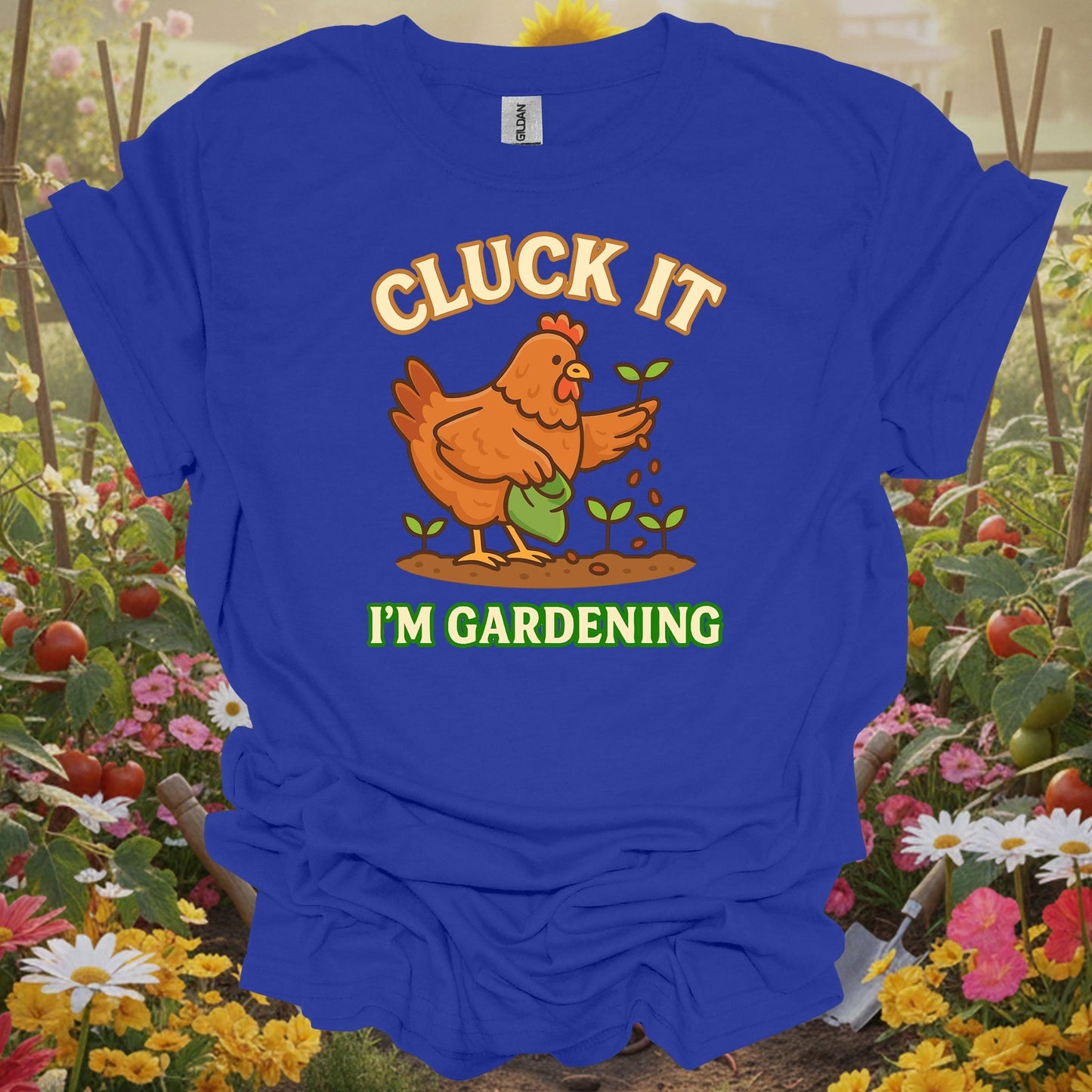 Royal apparel displaying a hen in an apron on a casual gardening tee for those who enjoy a spirited sanctuary.