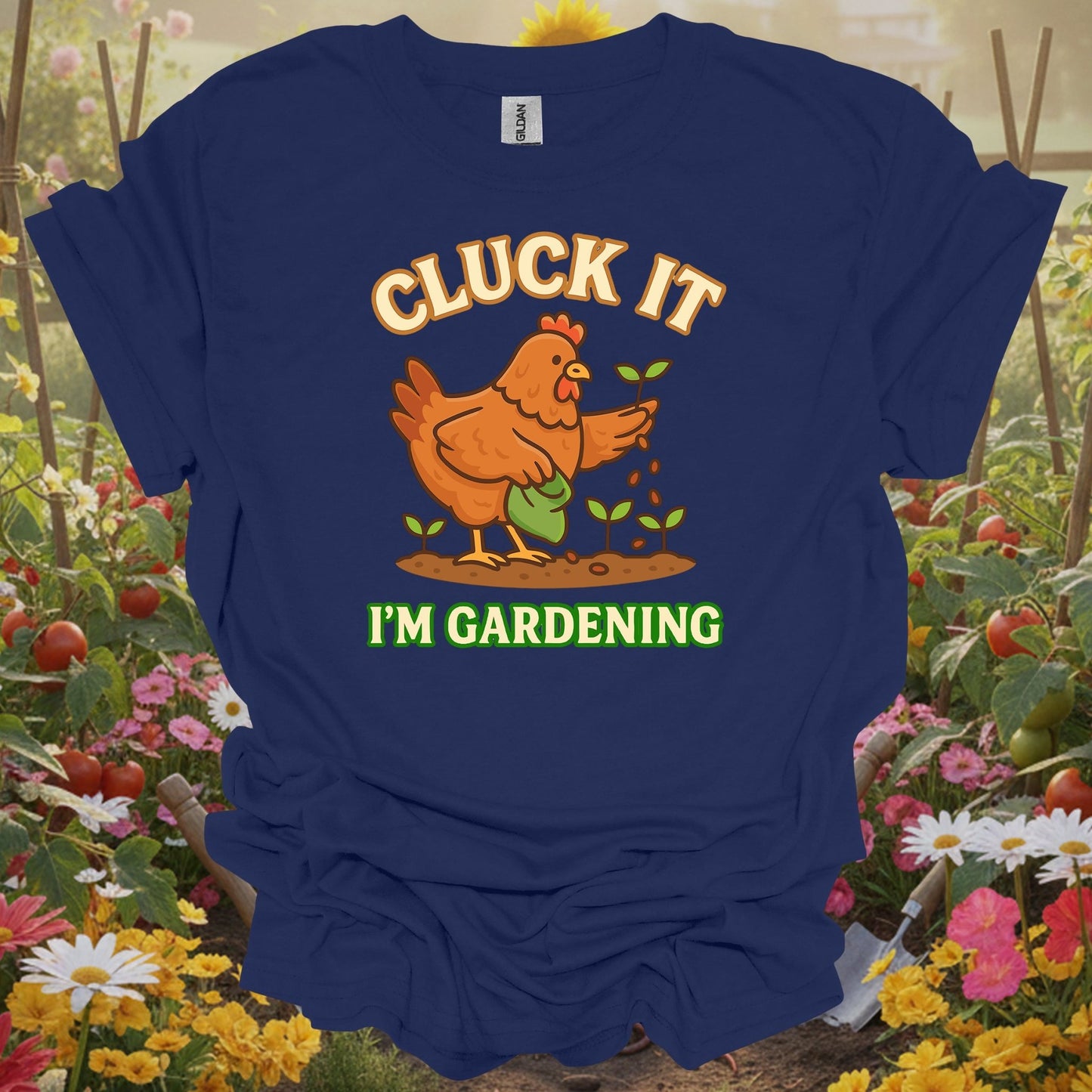 Navy top with a retro storybook garden graphic that captures a playful and mindful homesteading vibe for any grower.