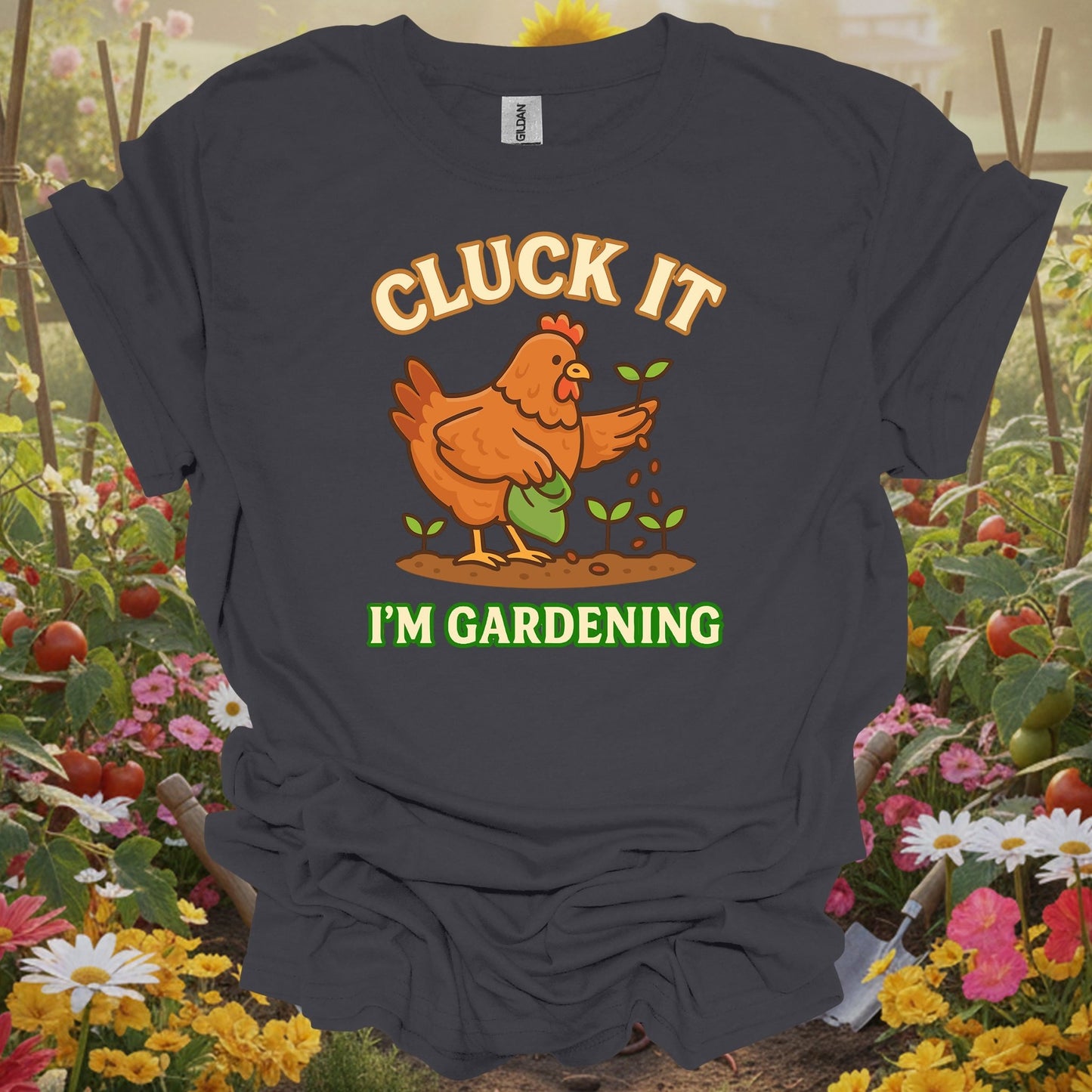 Charcoal tee featuring a funny chicken gardening design that celebrates a lighthearted life in your backyard sanctuary.