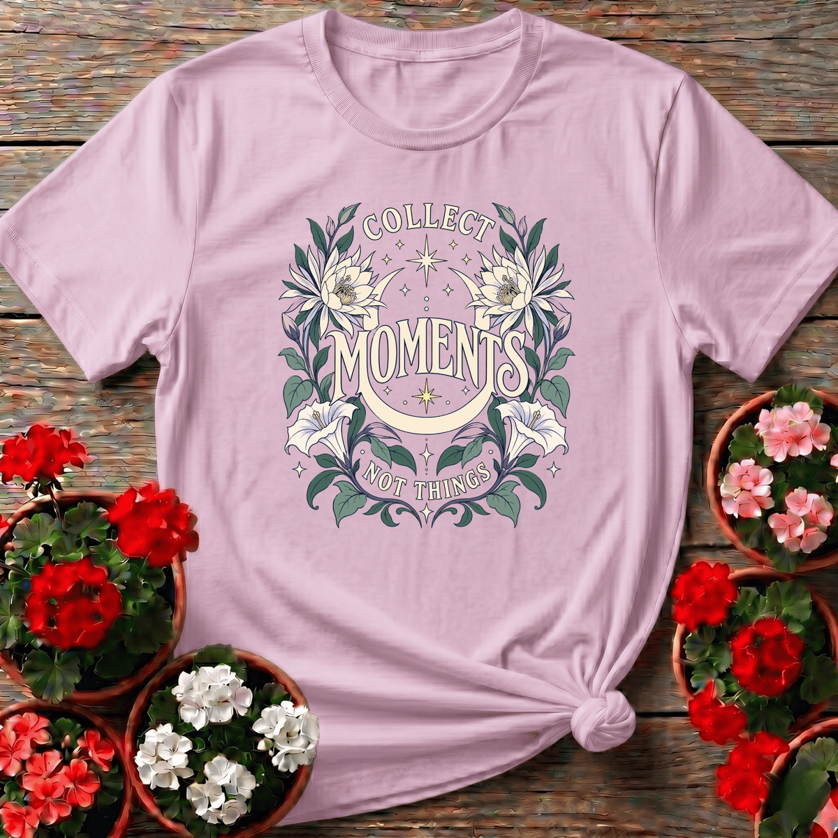 Light Pink soft celestial floral gardening tee with "Collect Moments Not Things" crescent moon design for garden lovers
