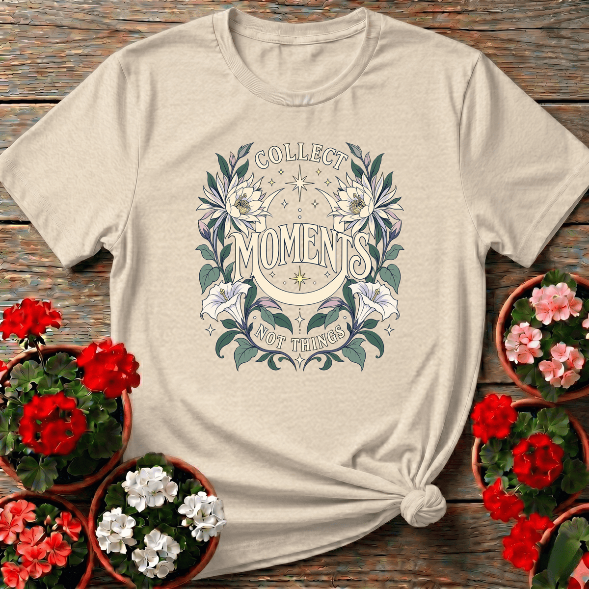 Natural vintage cottagecore gardening shirt with "Collect Moments Not Things" celestial floral illustration for slow-living gardeners