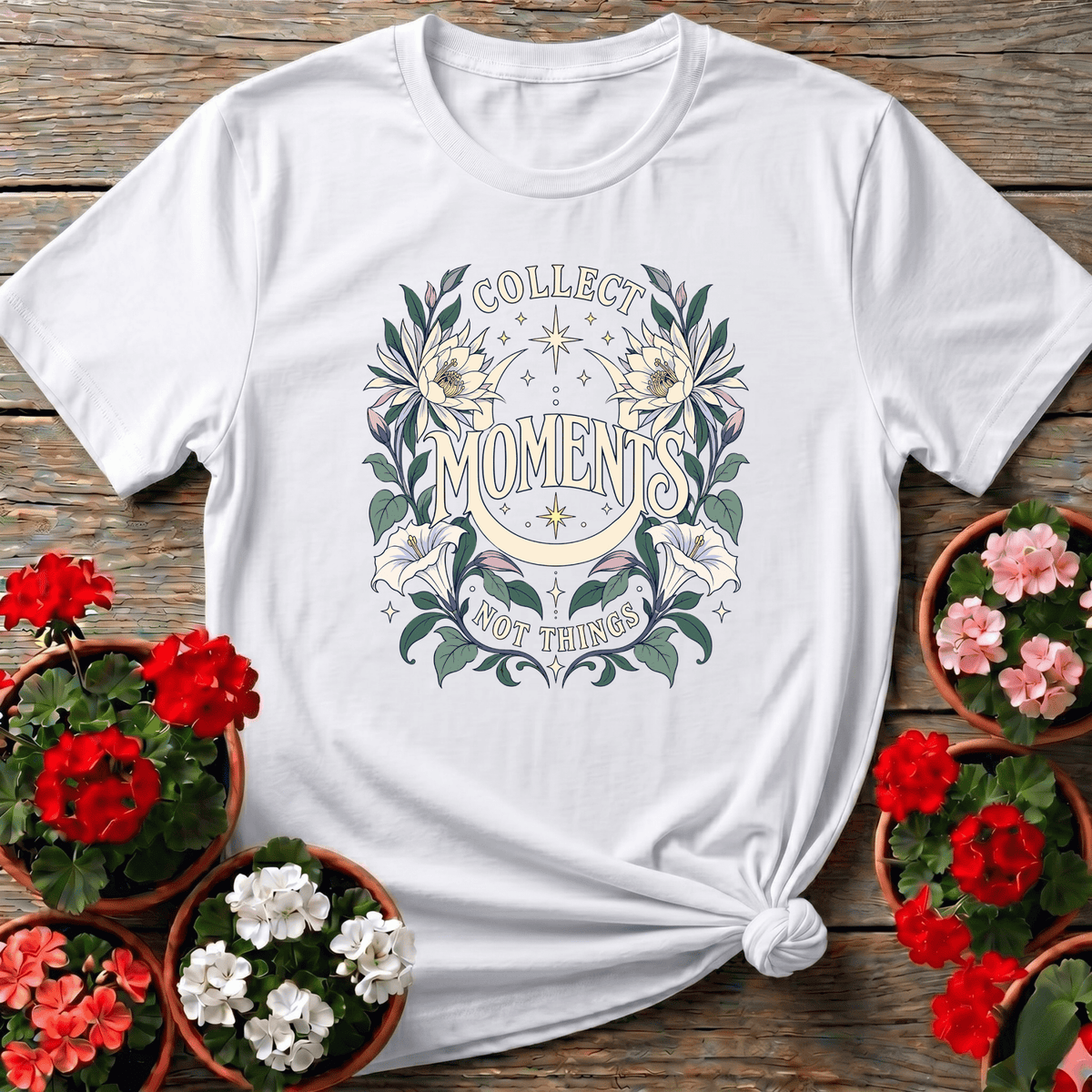 White vintage botanical moon shirt with "Collect Moments Not Things" floral crescent design for slow living gardeners